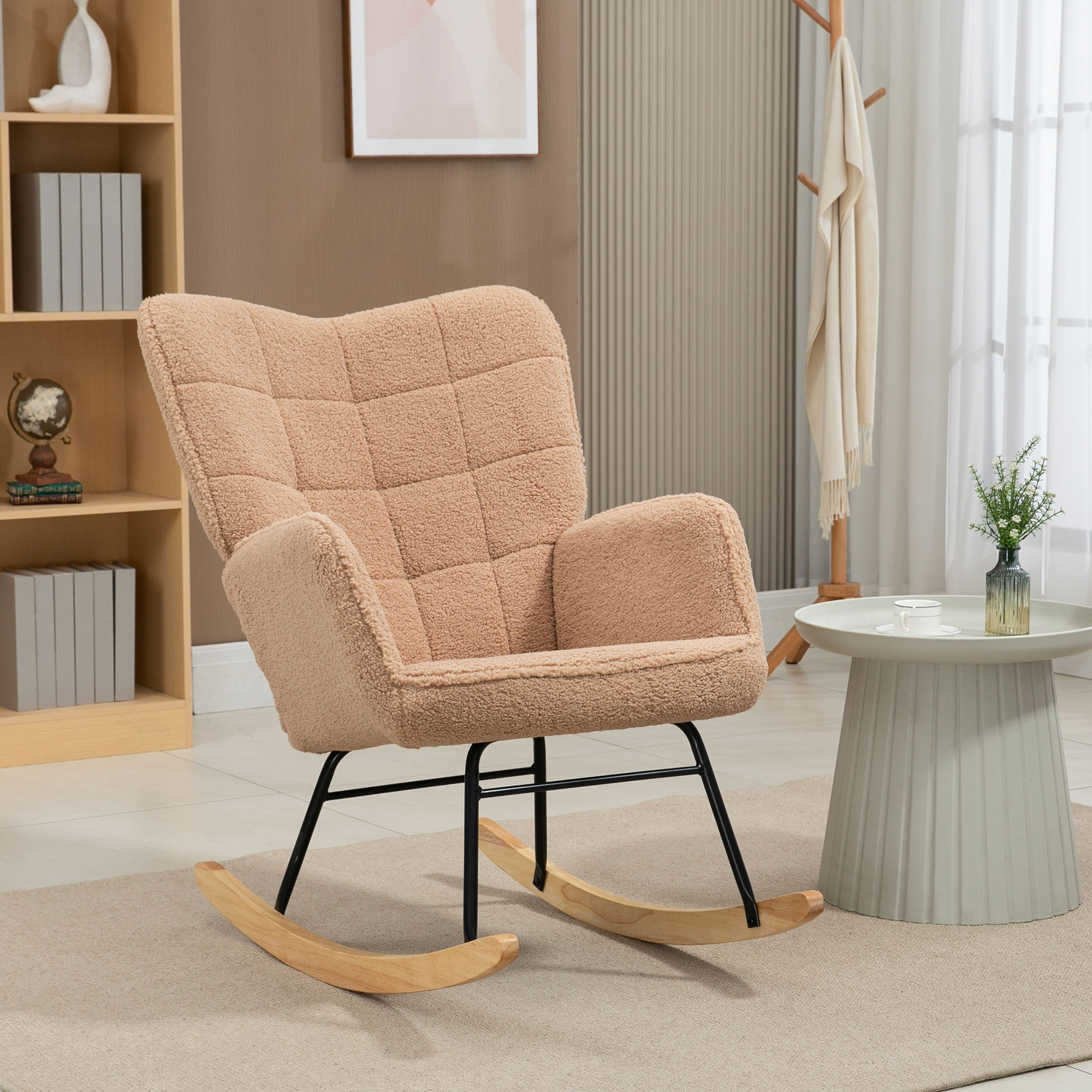 HOMCOM Soft Fleecey Rocking Wingback Chair Light Brown 2