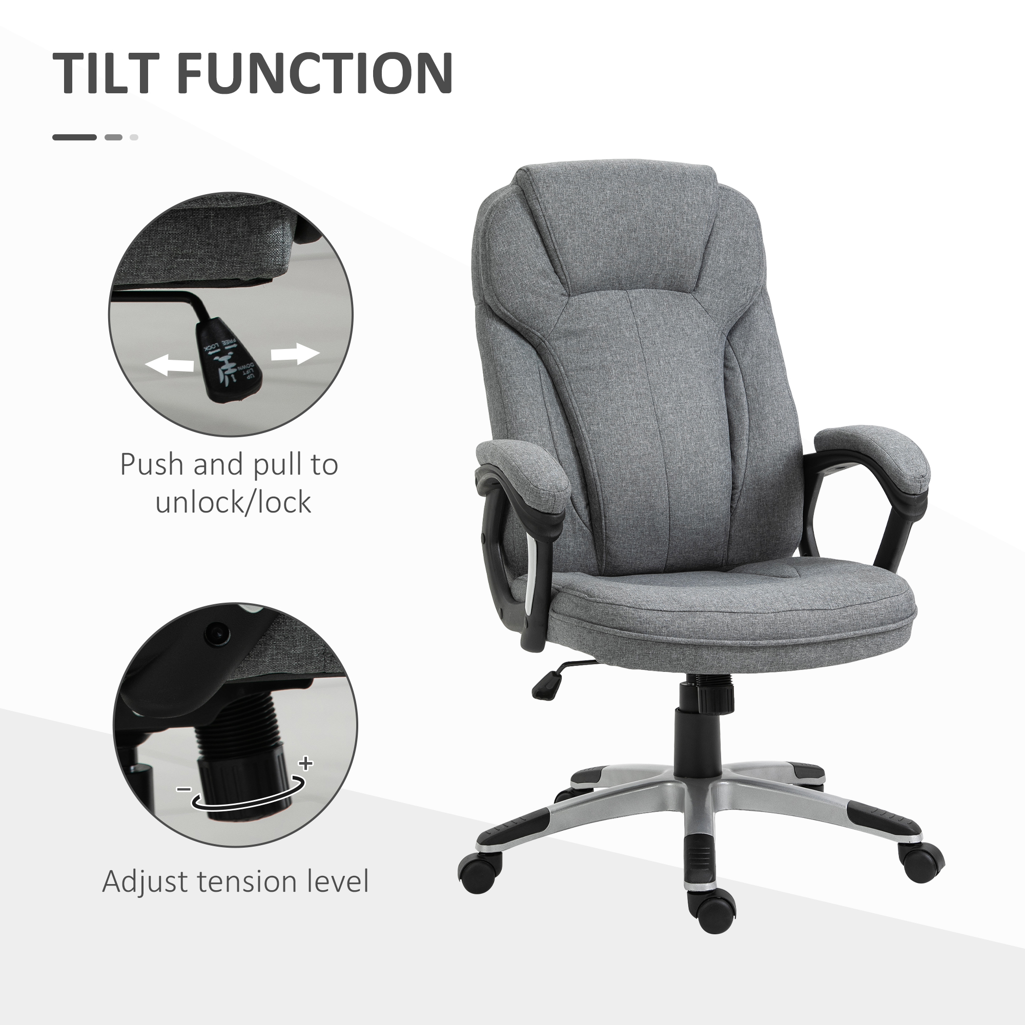 Vinsetto Office Chair, Linen Fabric Desk Chair, Height Adjustable Computer Chair with Padded Armrests, Swivel Wheels and Tilt Function, Grey 5
