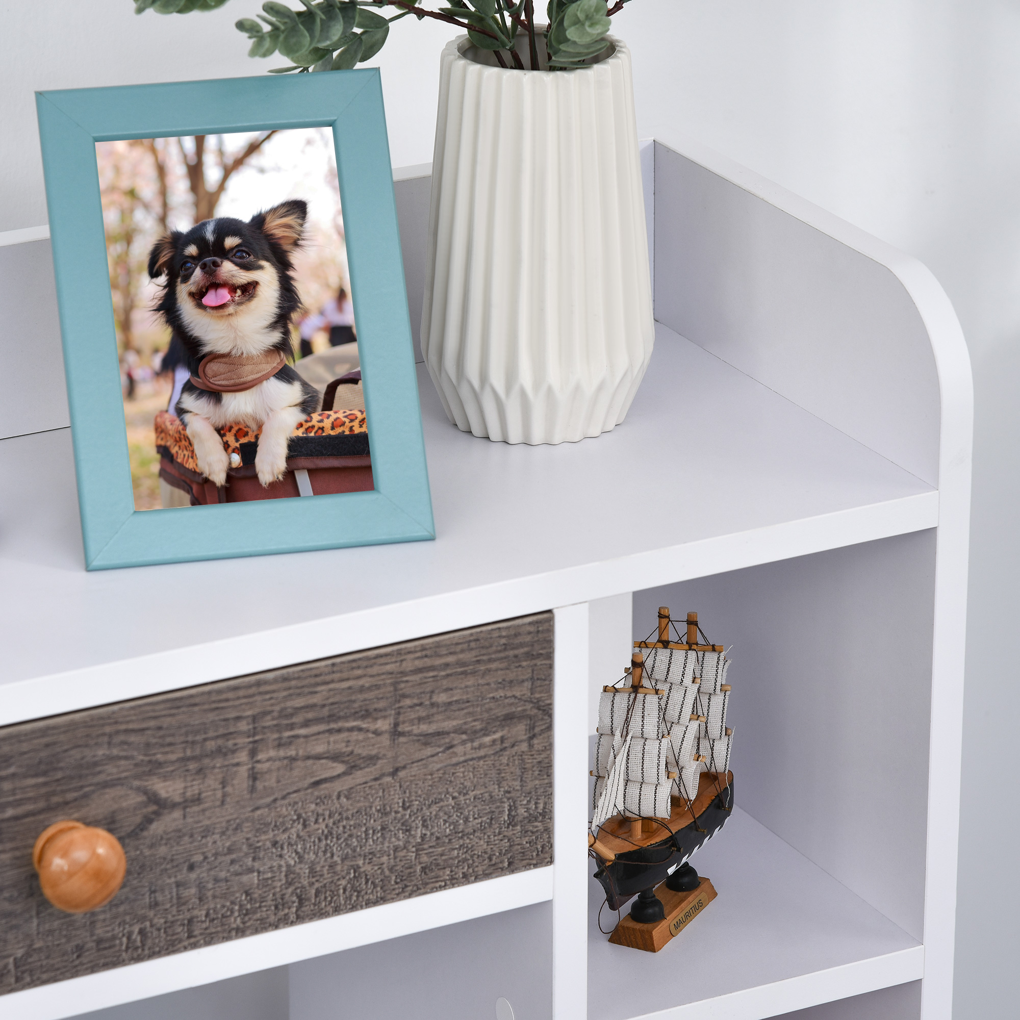 HOMCOM Bookcase, Freestanding Book Shelf with Storage Drawer, 6 Shelves and Wood Legs for Home Office Display, White and Grey, 24D x 60W x 86.8H cm 6