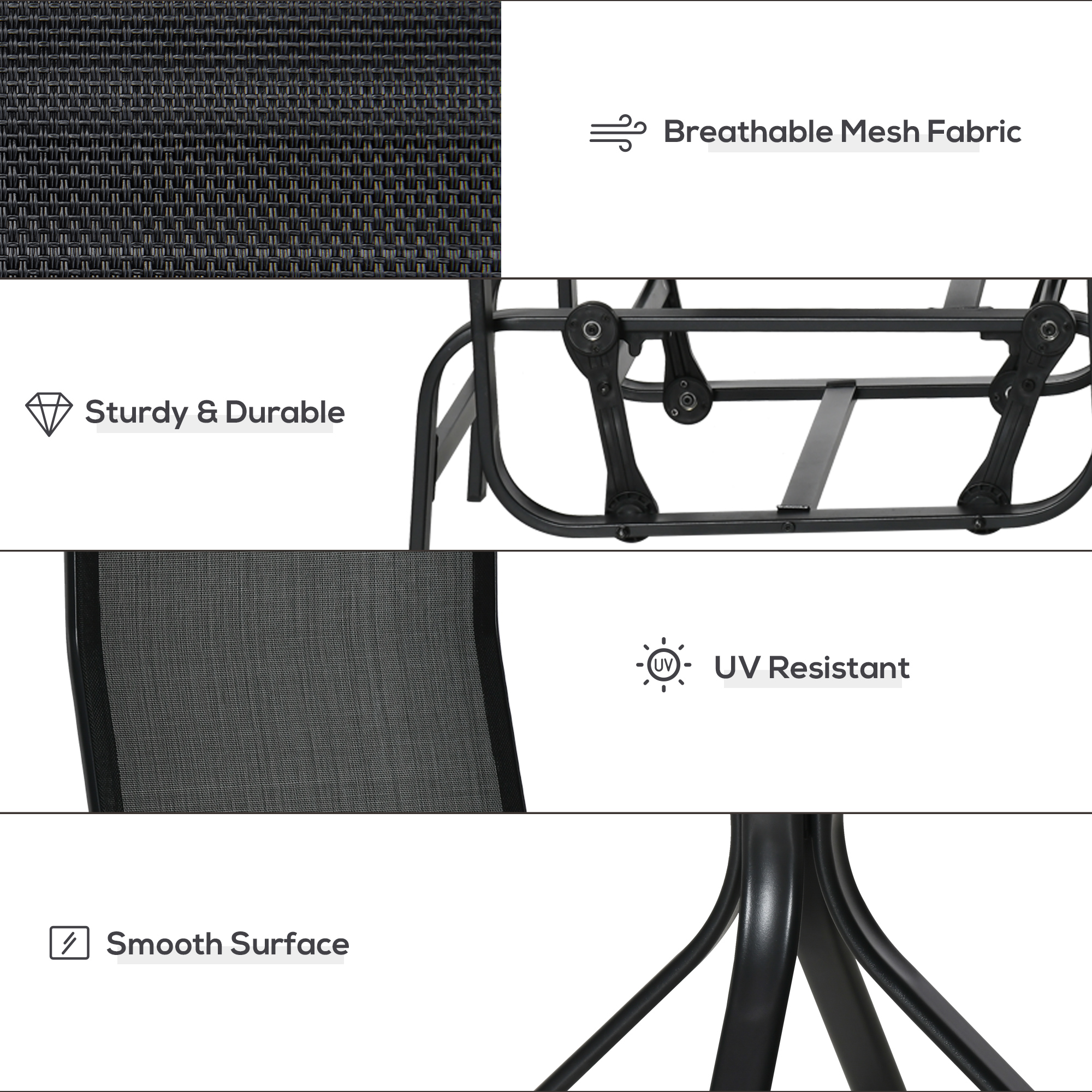 Outsunny 3 Pieces Garden Gliding Chair Set, Metal Frame 2 Single Armchair Swing Seater and 1 Glass Top Coffee Table w/ Breath Mesh Fabric Seat, Black 6