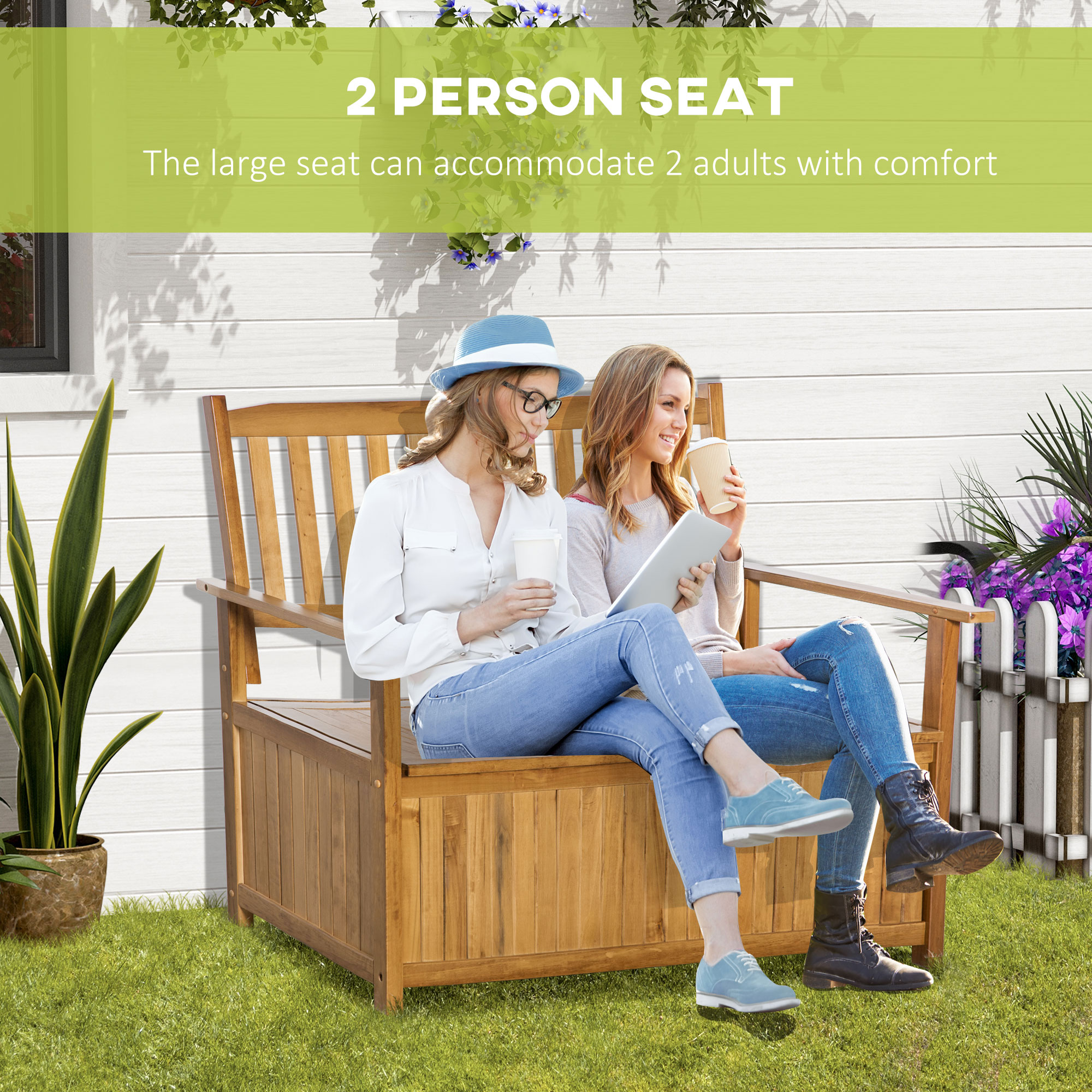Outsunny Two-Seater Wooden Storage Bench Natural Finish 4