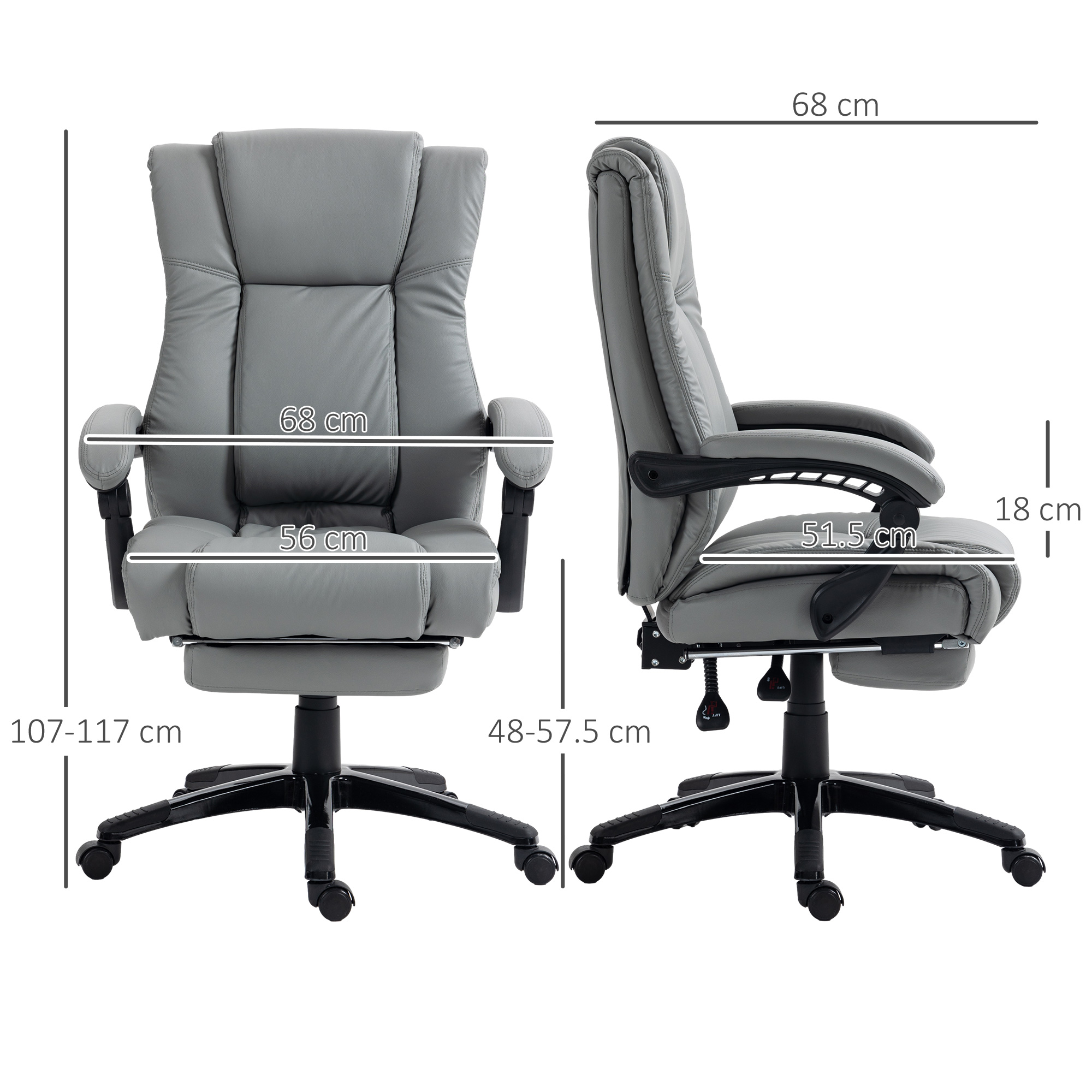 Vinsetto PU Leather Office Chair, Swivel Computer Chair with Footrest, Wheels, Adjustable Height, Grey 3