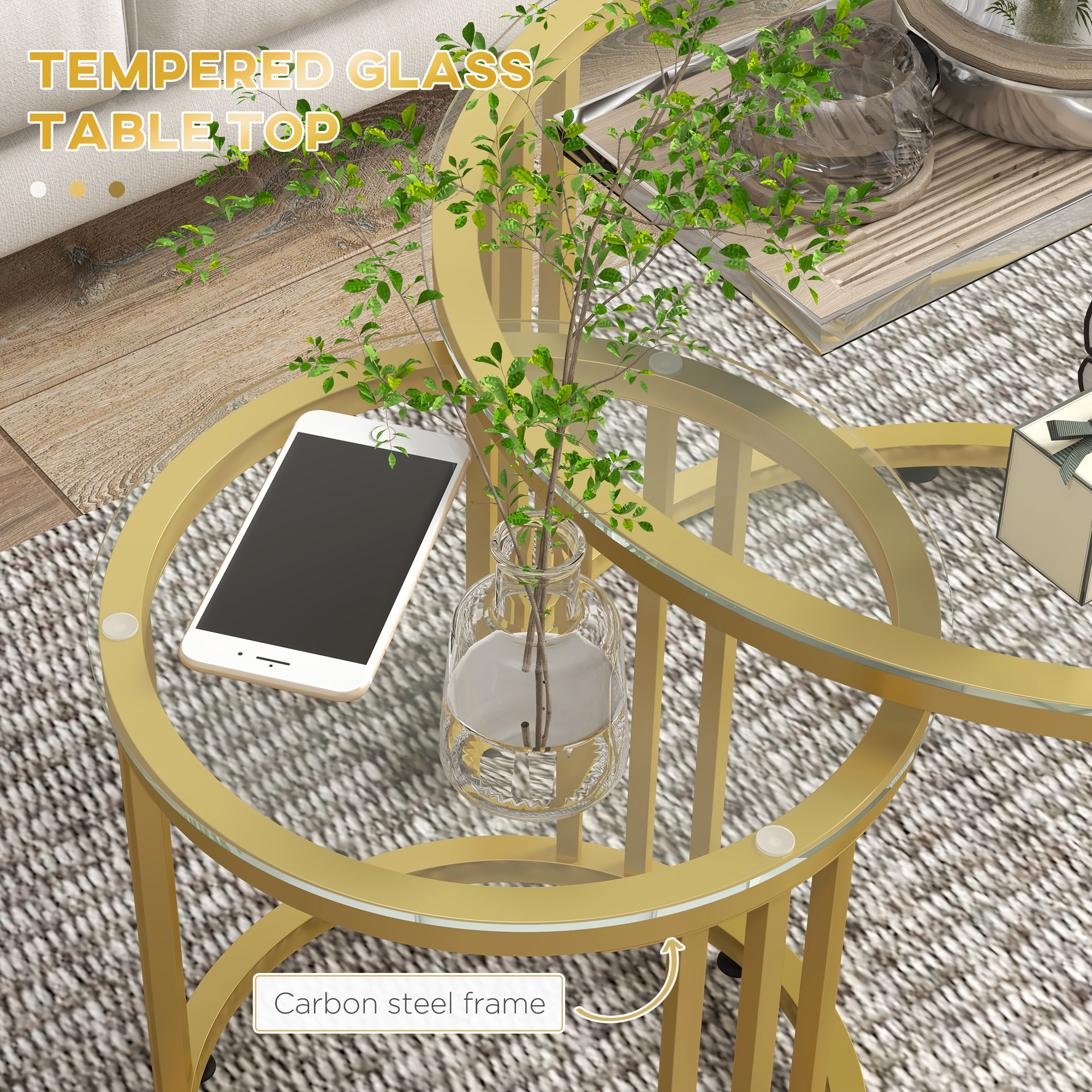 HOMCOM Round Coffee Tables Set of 2, Nesting Tables with Tempered Glass Top and Steel Frame, 60cmx60cmx47cm, Gold Tone 5