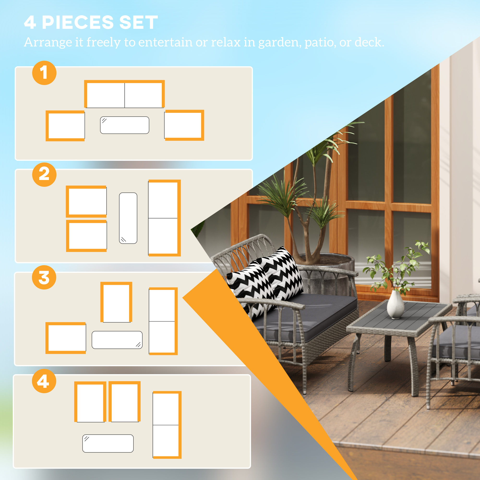 Outsunny Four-Piece Rattan Cut-Out Sofa Set Grey 4