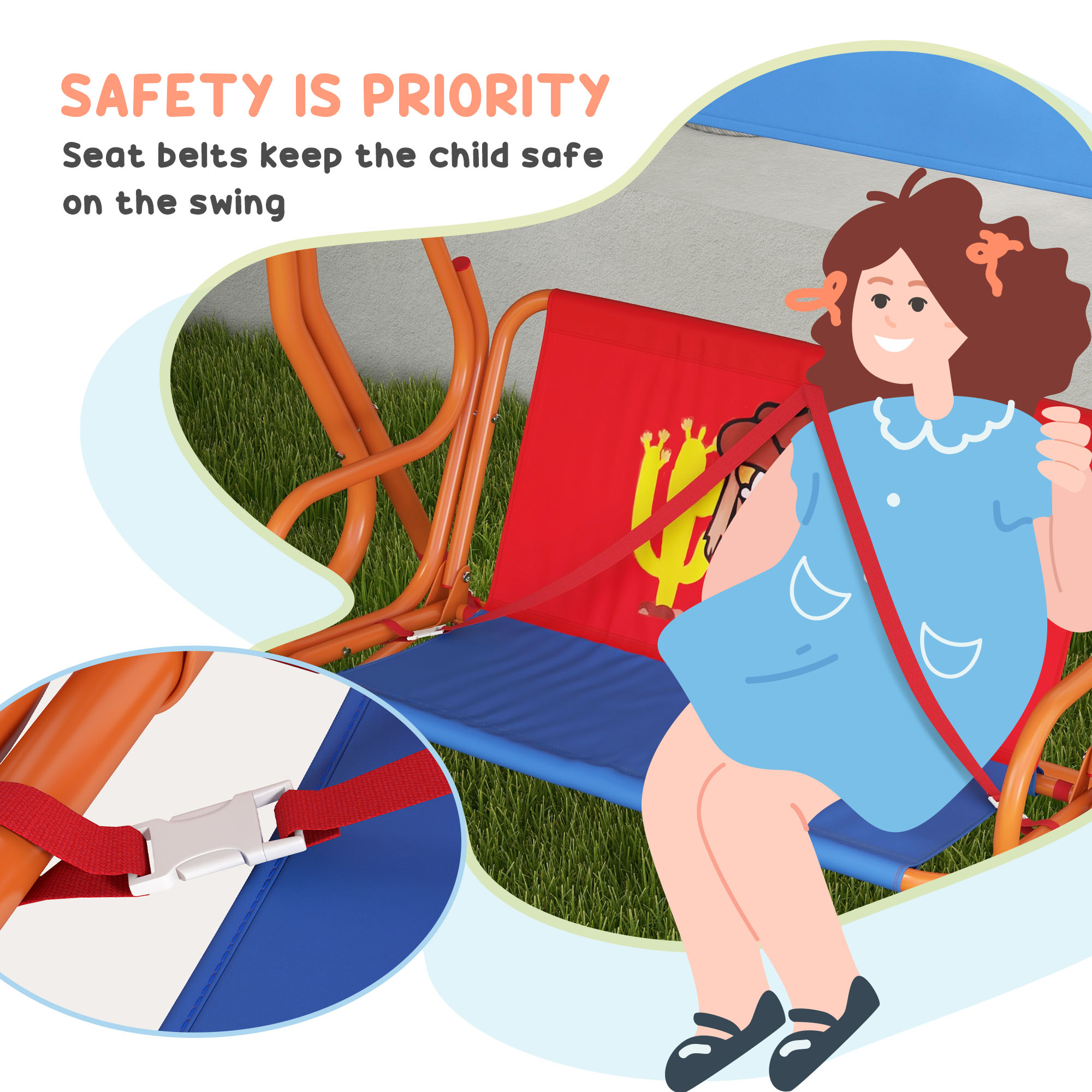 Outsunny Two Seater Kids Garden Swing, Cowboy Themed kids Swing Chair with Adjustable Canopy, Safety Belts for Outdoor Use 7
