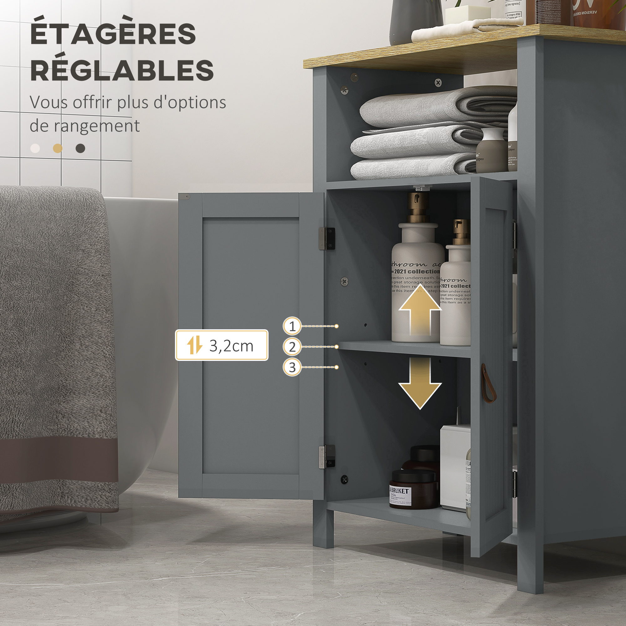KLEANKIN Meuble Bas De Salle De Bain Multi-rangements Grande Niche 2 Tiroirs Placard Double Porte Avec Etagere Mdf Blanc