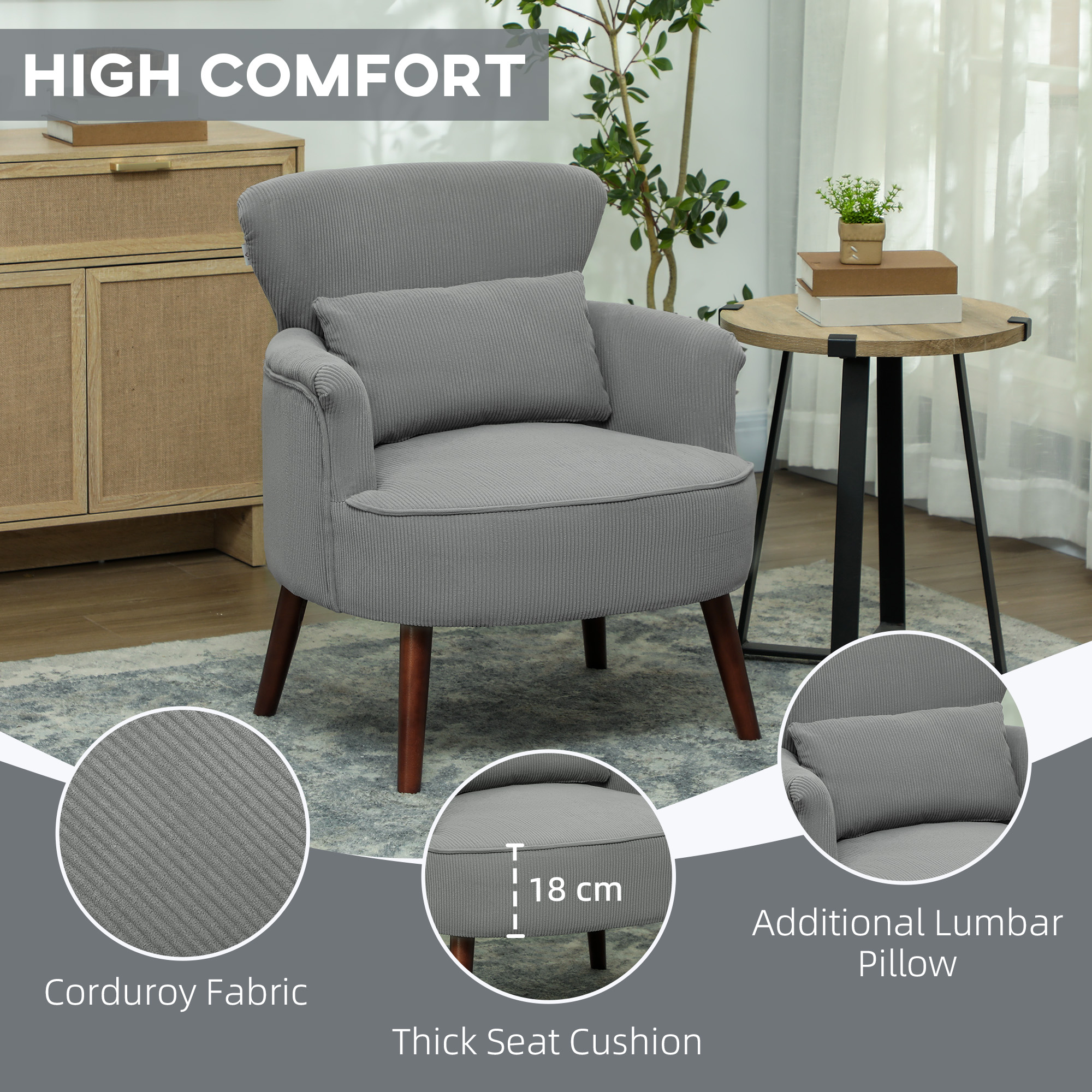 HOMCOM Corduroy Retro Accent Chair Light Grey 5