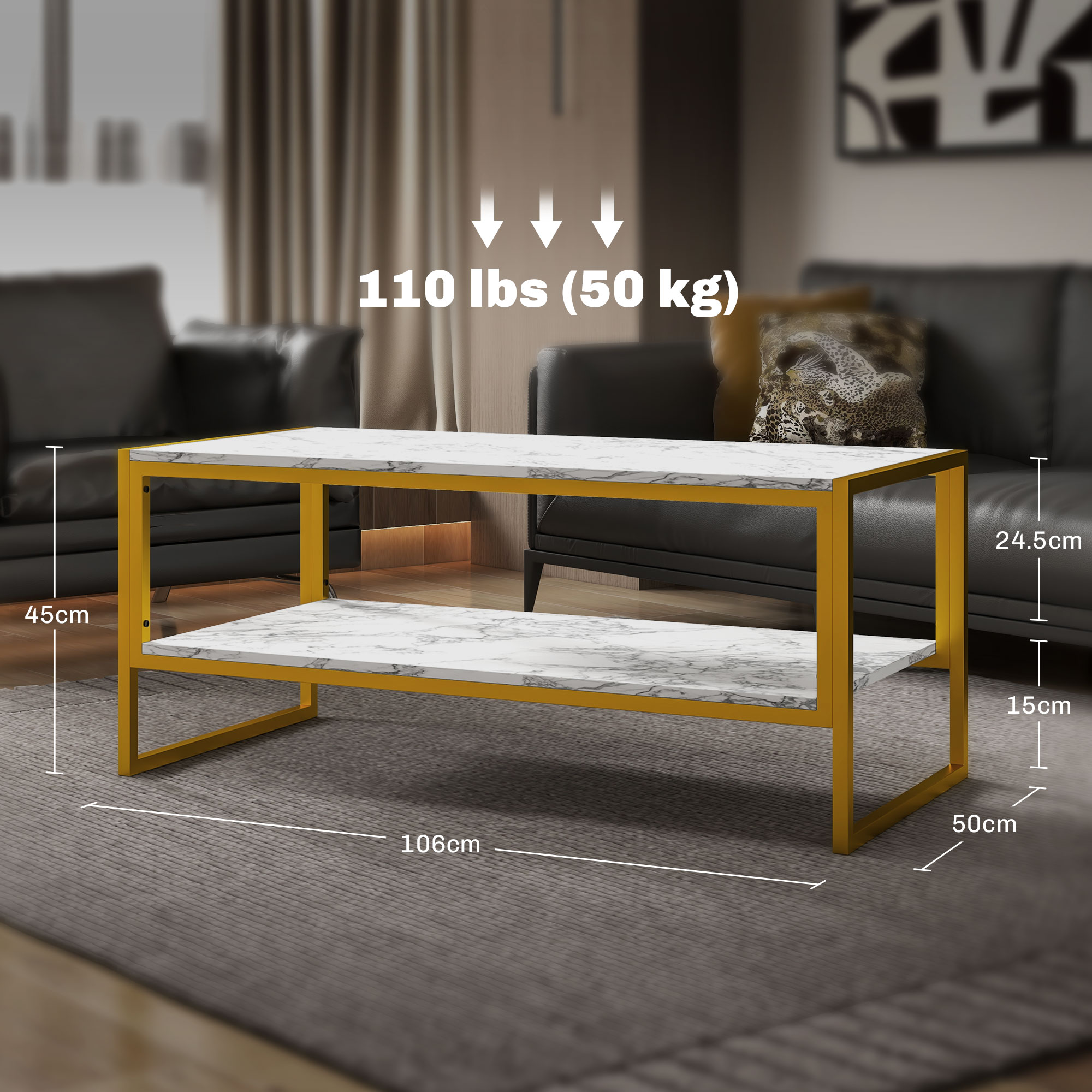 HOMCOM Coffee Table, Two-Tier Faux Marble Effect Centre Table with Metal Frame and Storage Shelf for Living Room, 106 x 50 x 45cm, White 3