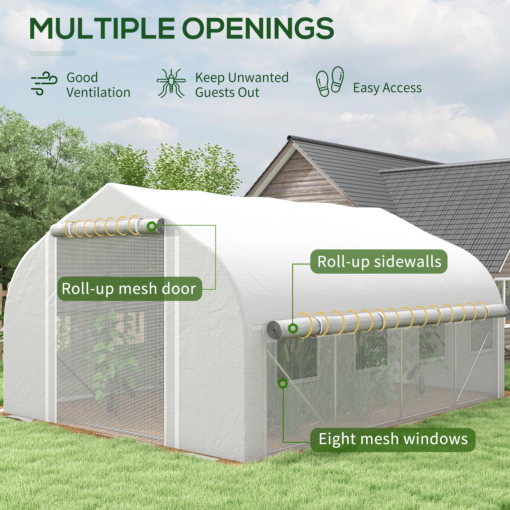 Outsunny 4 x 3(m) Walk-in Polytunnel Greenhouse, Zipped Roll Up Sidewalls, Mesh Door, 8 Mesh Windows, Tunnel Warm House Tent with PE Cover, Complimentary Plant Labels and Gloves, White 4