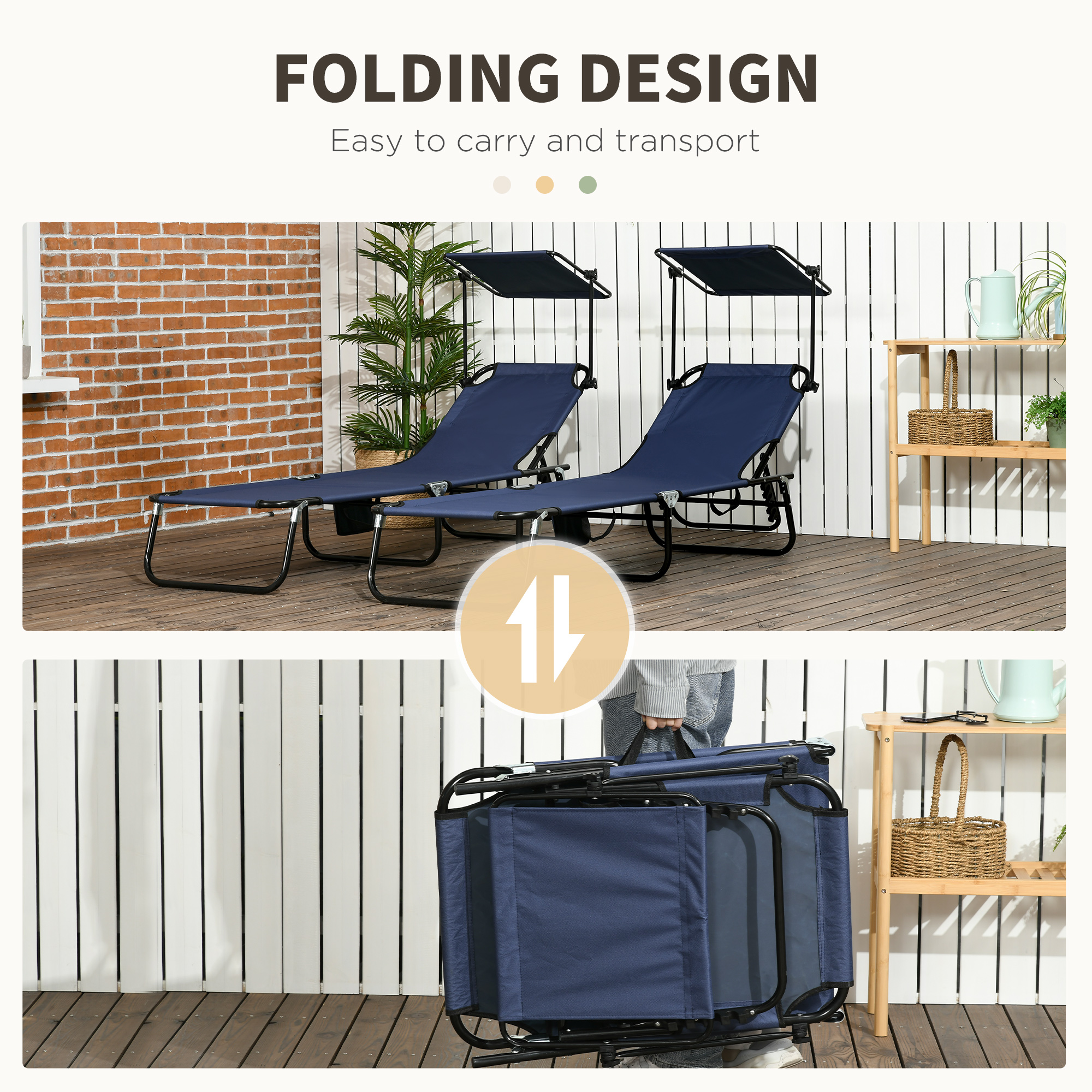 Outsunny Set of Two Folding Sun Loungers, with Adjustable Backs and Sun Canopies Dark Blue 6