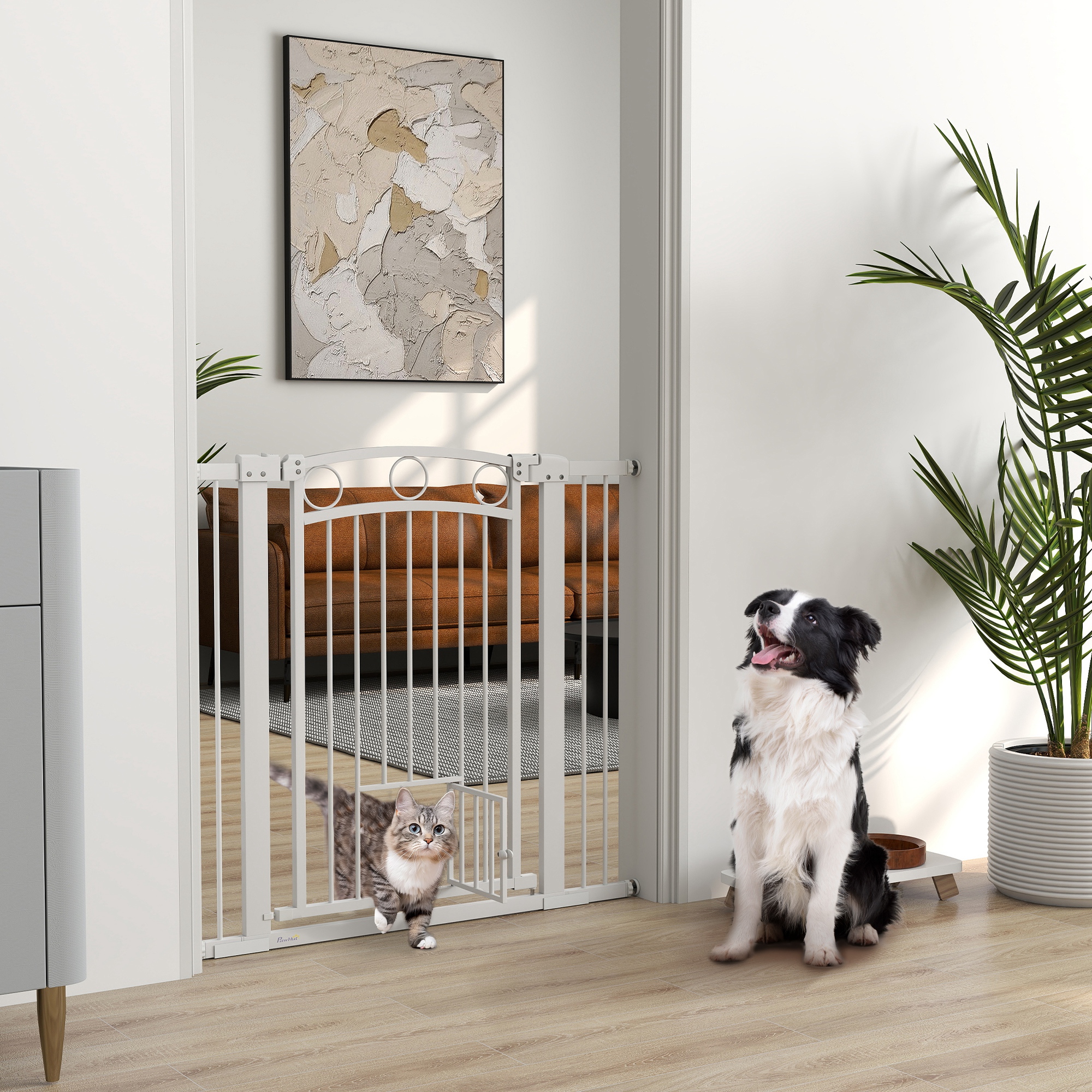 PawHut 77cm Tall Dog Gate with Cat Door, 7cm and 14cm Extensions, for Stairs, Doorways, 76-104cm Width