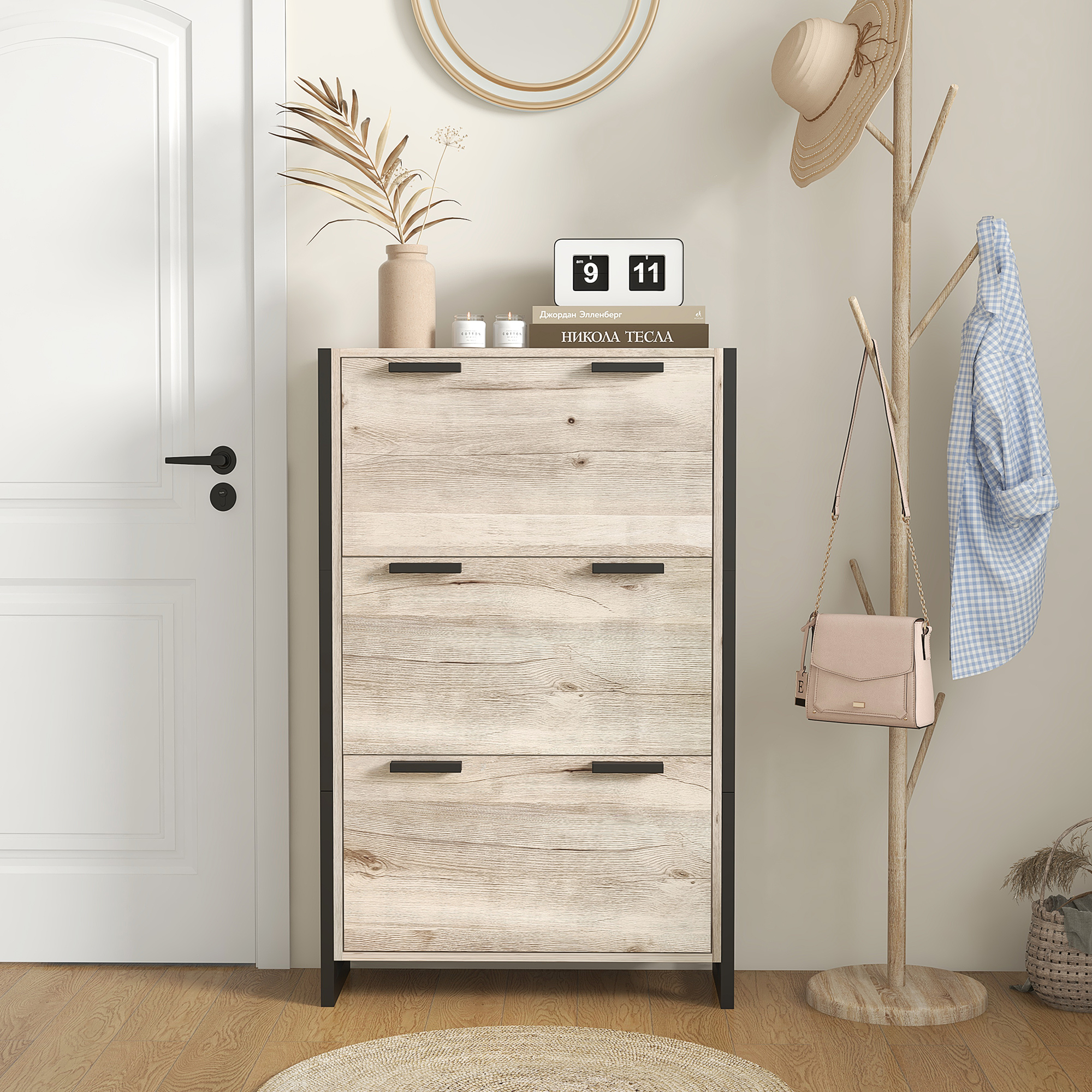 HOMCOM Shoe Storage Cabinet with 3 Flip Drawers Adjustable Shelf 18 Pairs Narrow Shoe Cupboard for Entryway Natural Wood-effect 8
