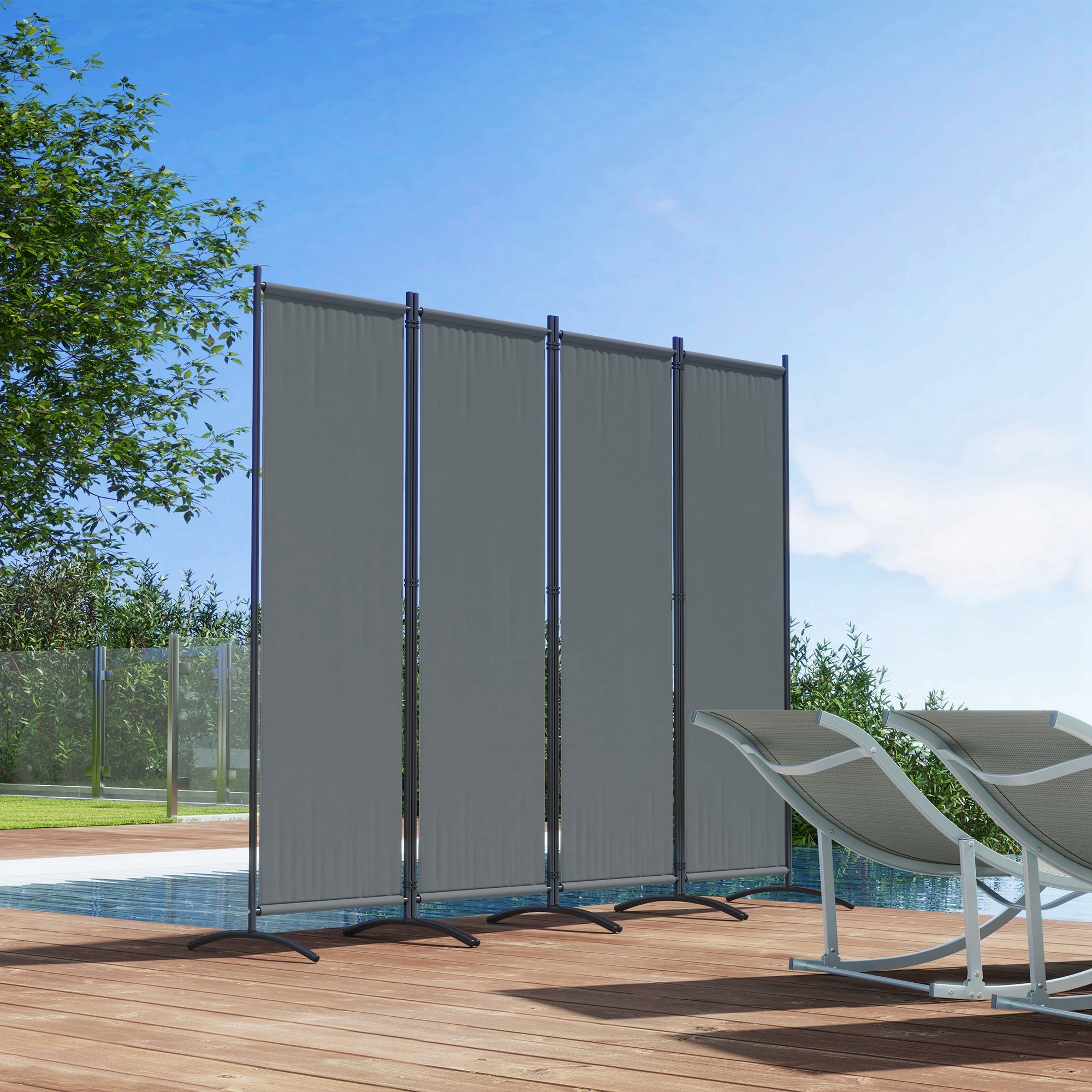 Outsunny 4 Panel Folding Garden Divider, 1.7m Privacy Screen with Wide Feet, Portable Freestanding Privacy Panel for Deck, Pool, Hot Tub, Dark Grey 9