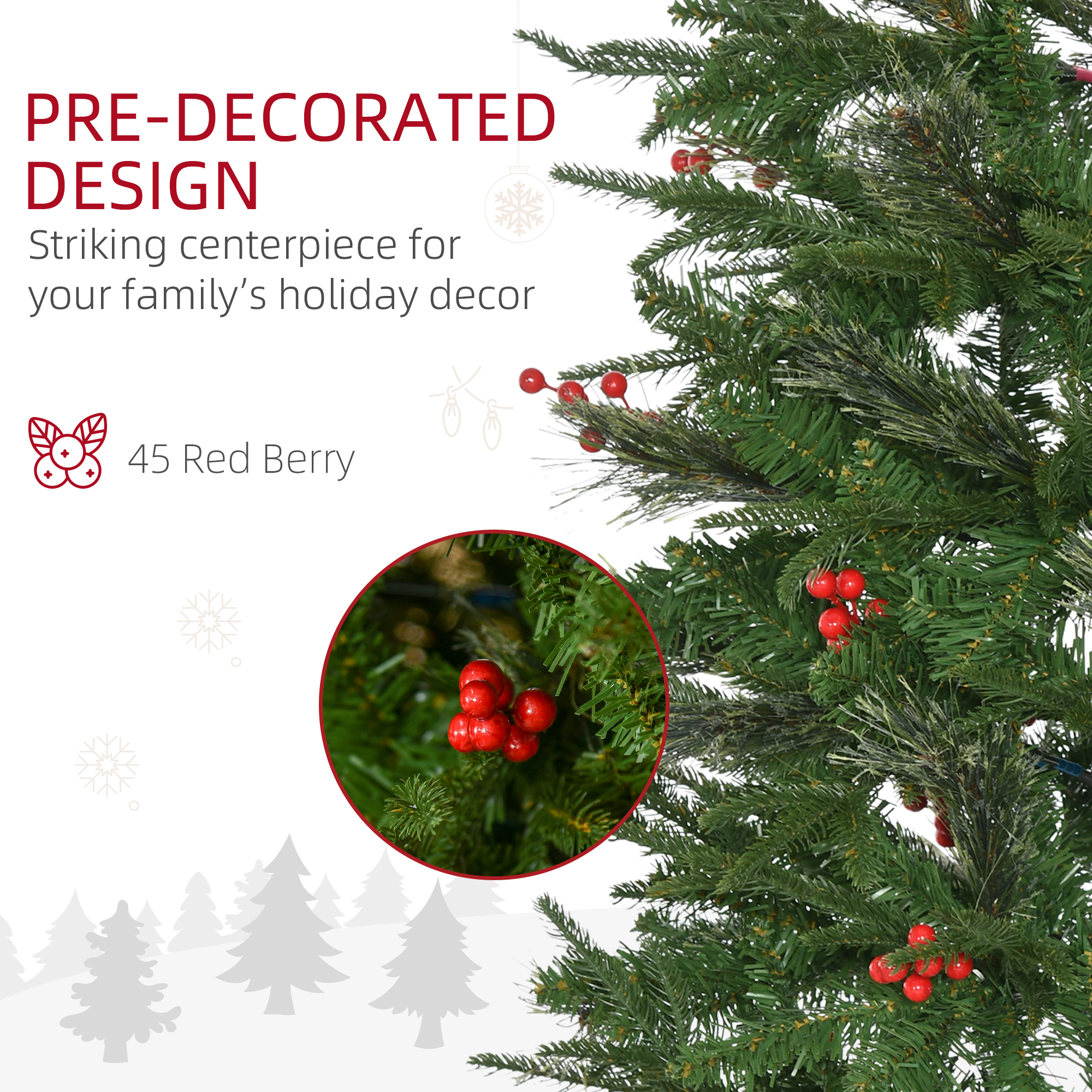 HOMCOM 7ft Pencil Artificial Christmas Tree with Realistic Branches, Red Berries, Auto Open, Green 6
