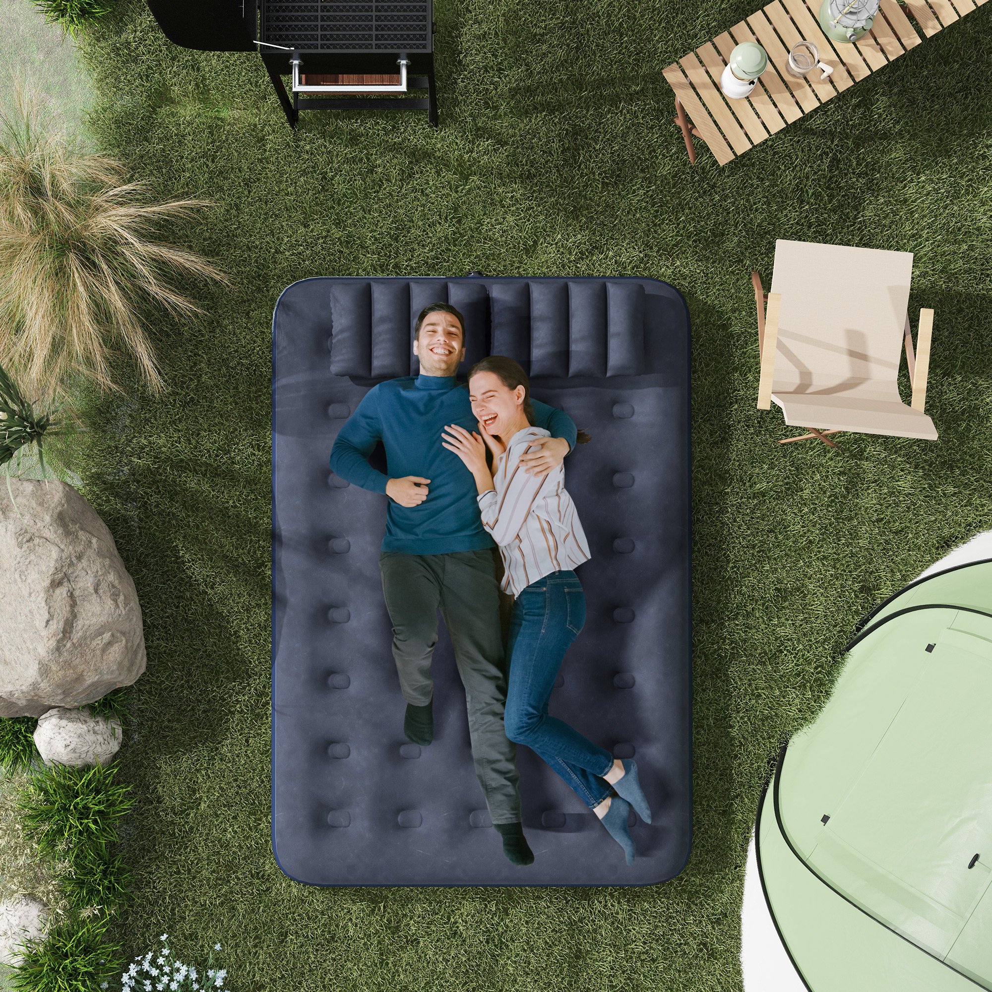 Outsunny Inflatable Double Air Bed, with Hand Pump Blue 2