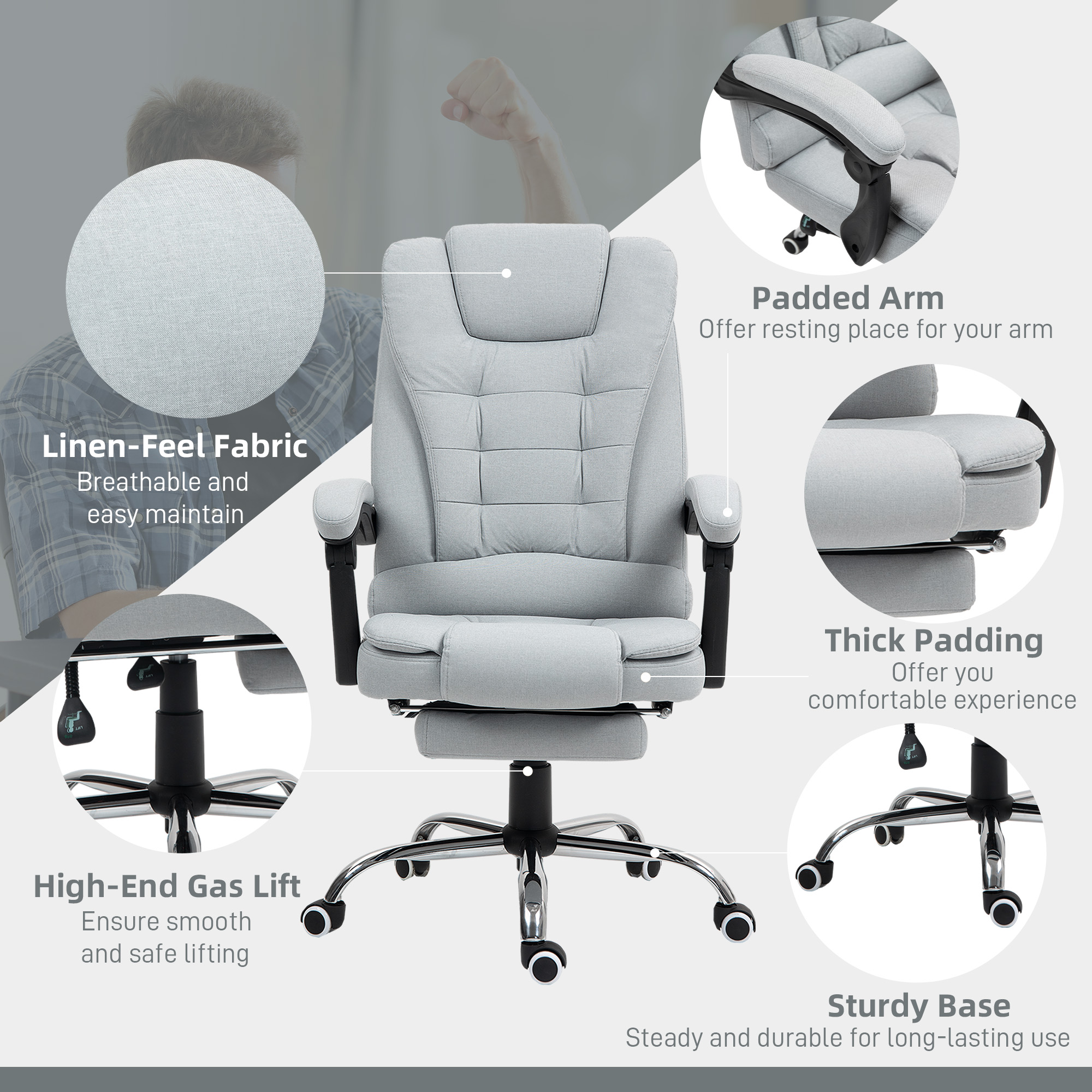 HOMCOM Linen-Look Adjustable Office Chair Light Grey 7