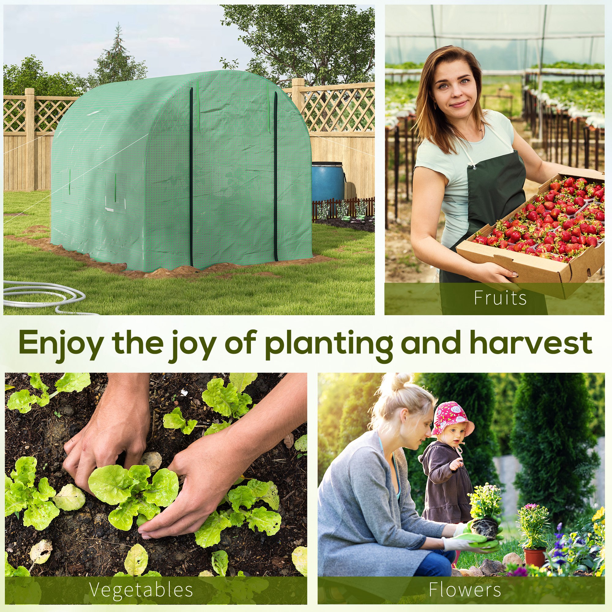 Outsunny Walk-In Garden Polytunnel Greenhouse with Steel Frame, PE Cover, Roll-Up Door and 4 Windows, 2.5 x 2m, Green 7