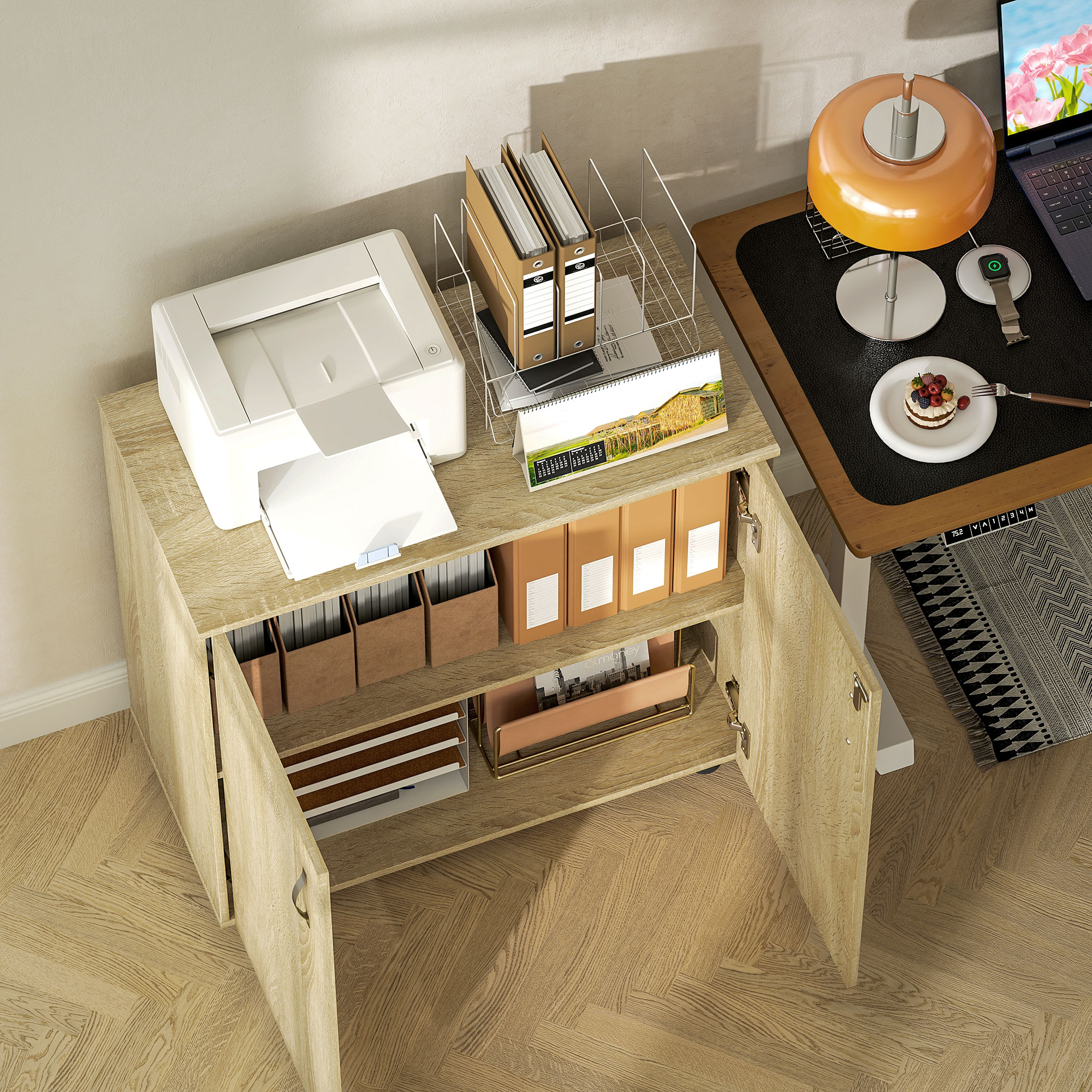 Vinsetto Two-Tier Locking Office Storage Cabinet Oak 9