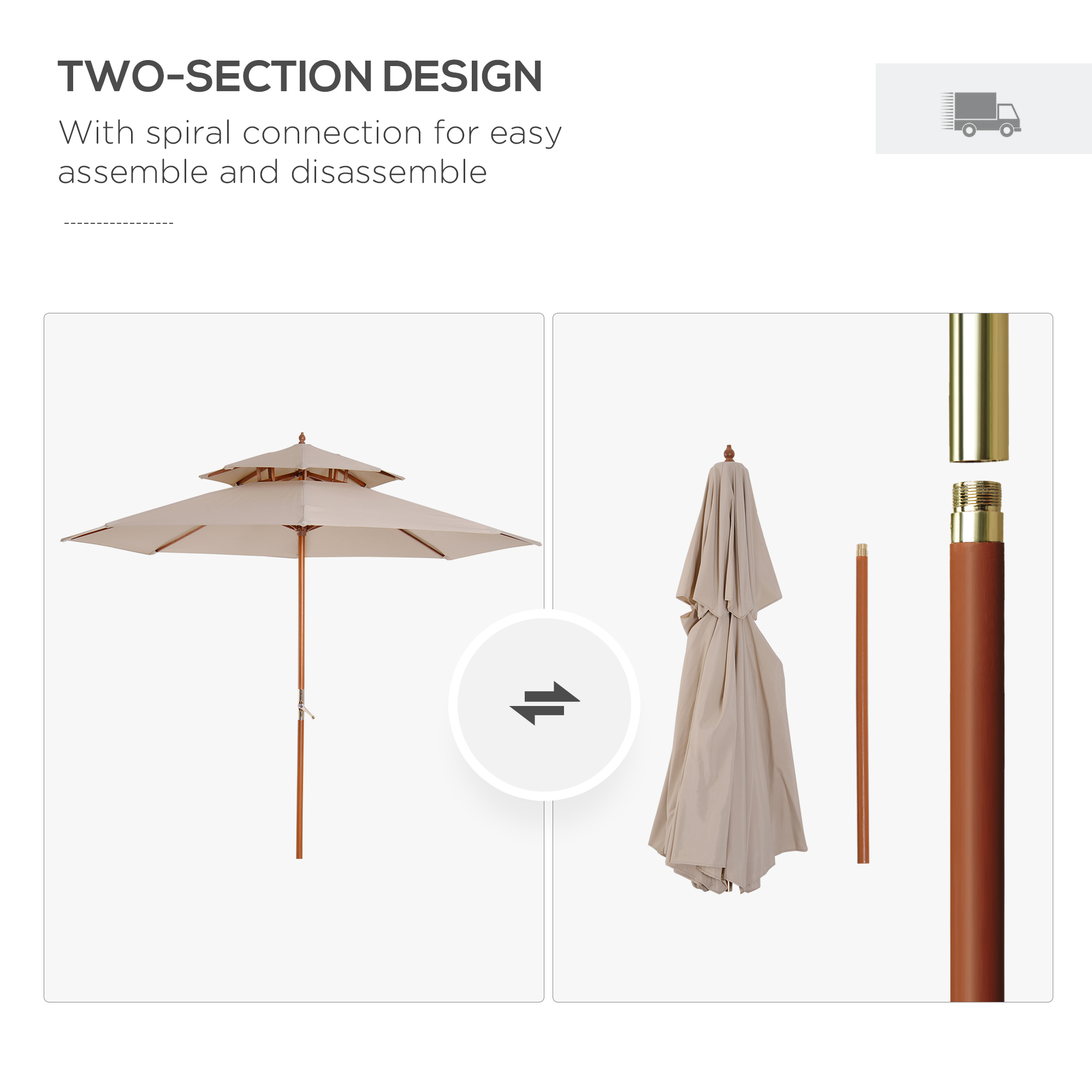 Outsunny 2.7m Wooden Parasol Elegant Two-Tier Design Garden Parasol Umbralle for Outdoor Shade, Beige 4
