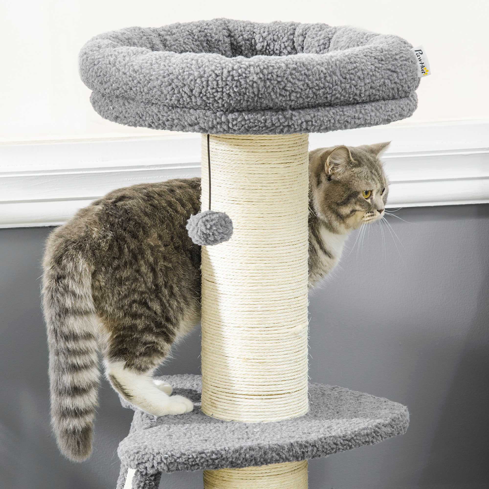 PawHut Cat Tree Tower with Scratching Posts, Pad, Bed, Toy Ball-Dark Grey 8