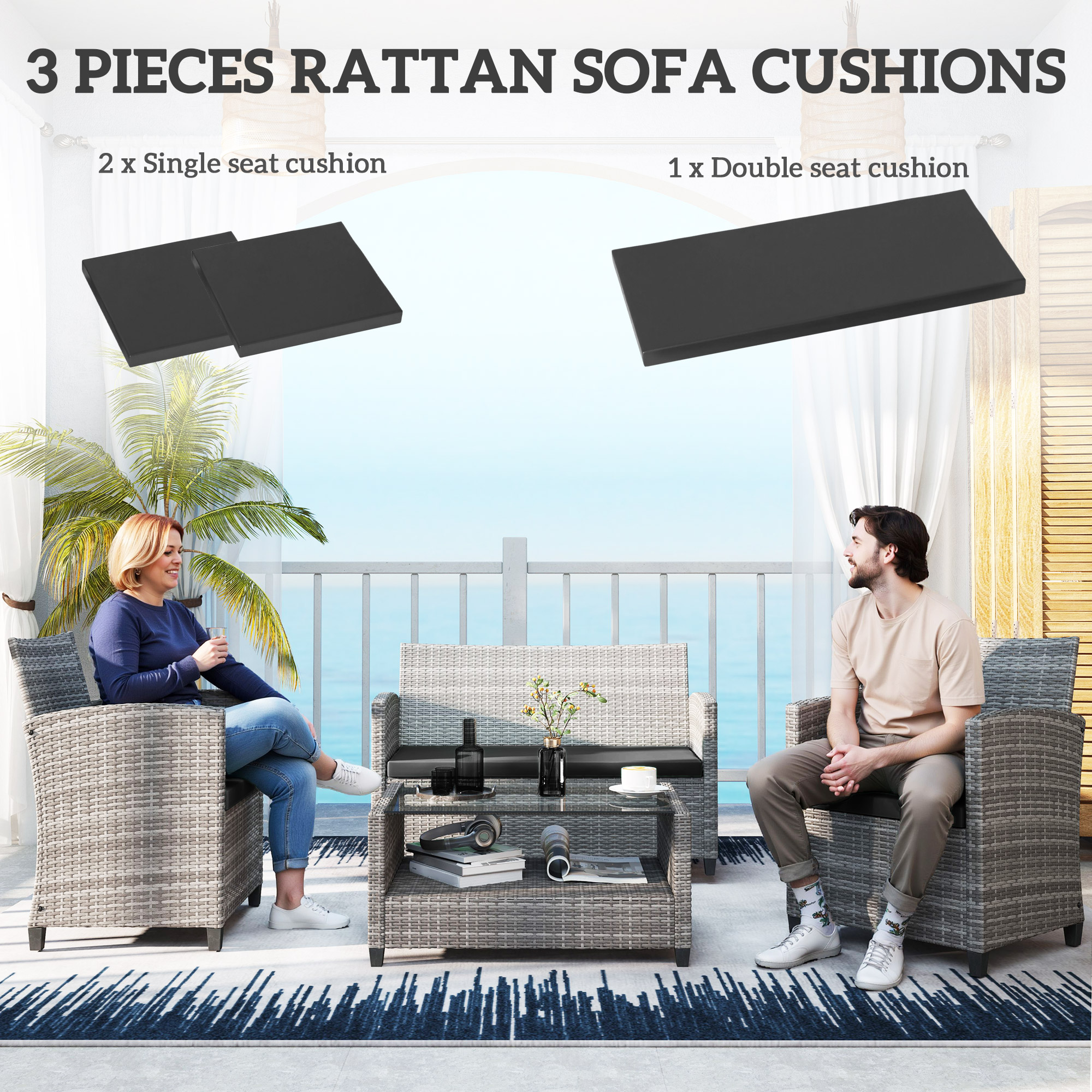 Outsunny Outdoor Seat Cushion Pads for Rattan Furniture, 3 PCs Garden Furniture Cushions, Black 4