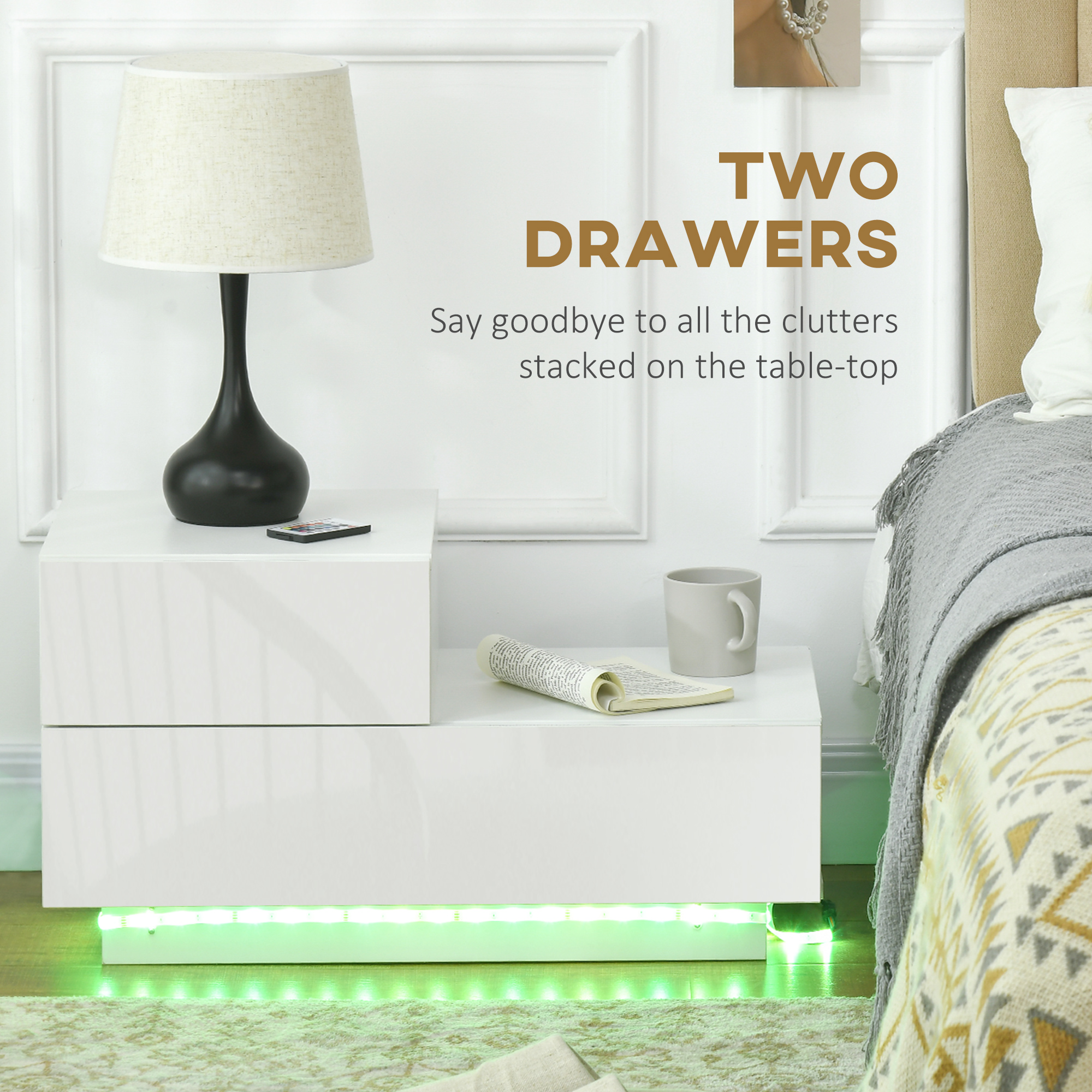 HOMCOM High Gloss Front Bedside Table with Drawers Nightstand with RGB LED Light and Remote for Bedroom Living Room White 5