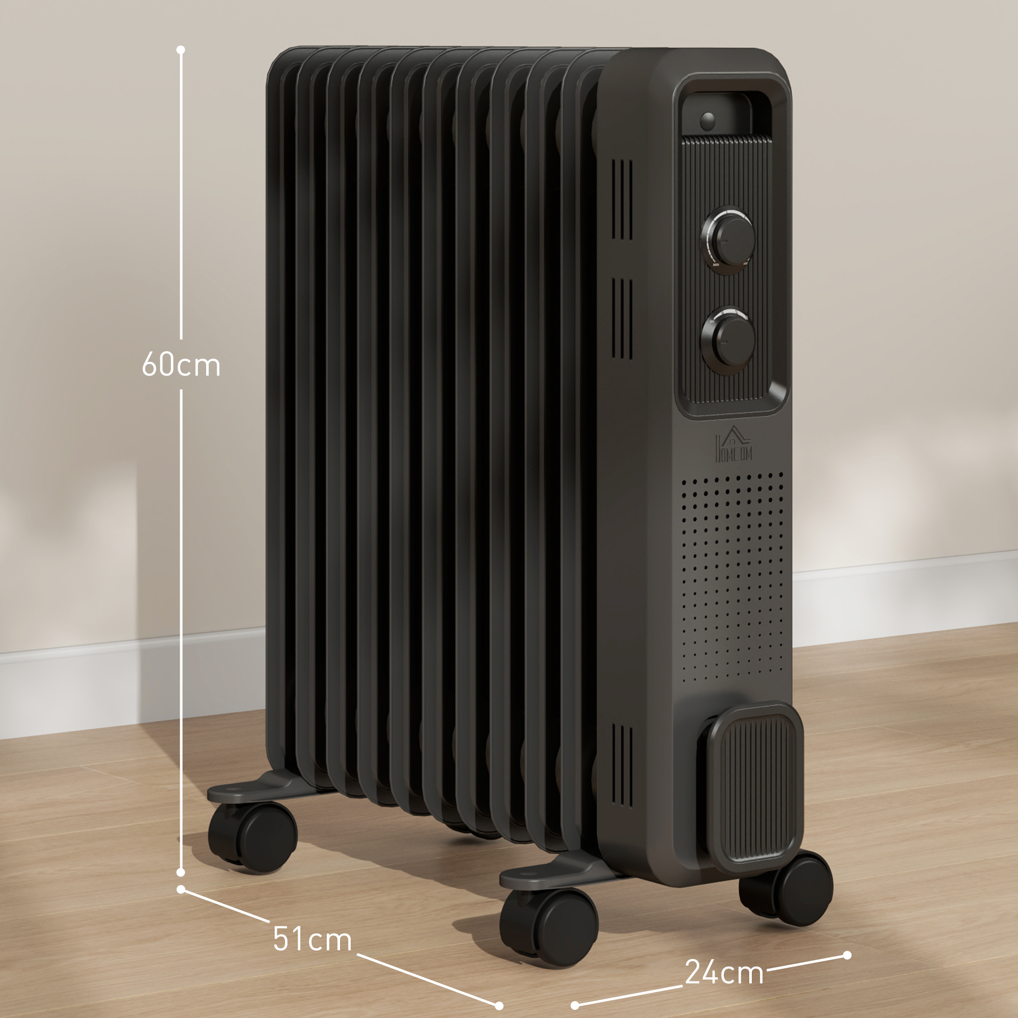 HOMCOM 2500W Oil Filled Radiator, 11 Fin, Portable Electric Heater with 3 Heat Settings, Safety Cut-Off and Wheels, Grey 3