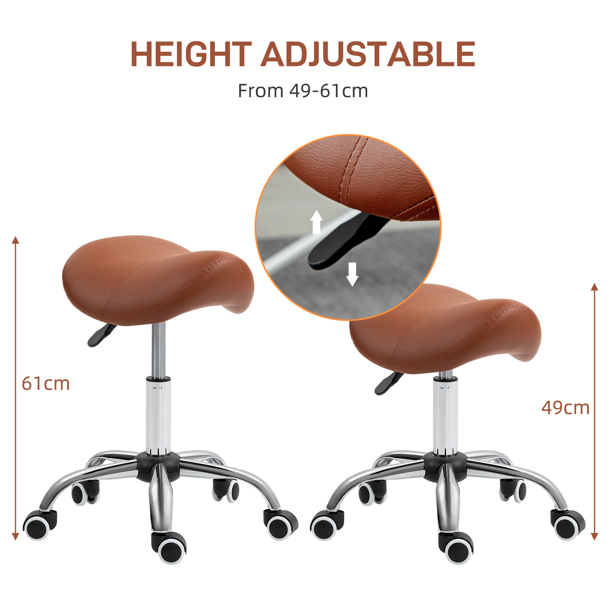 HOMCOM Saddle Stool, Height Adjustable Salon Chair for Massage Spa, Faux Leather, Brown 4