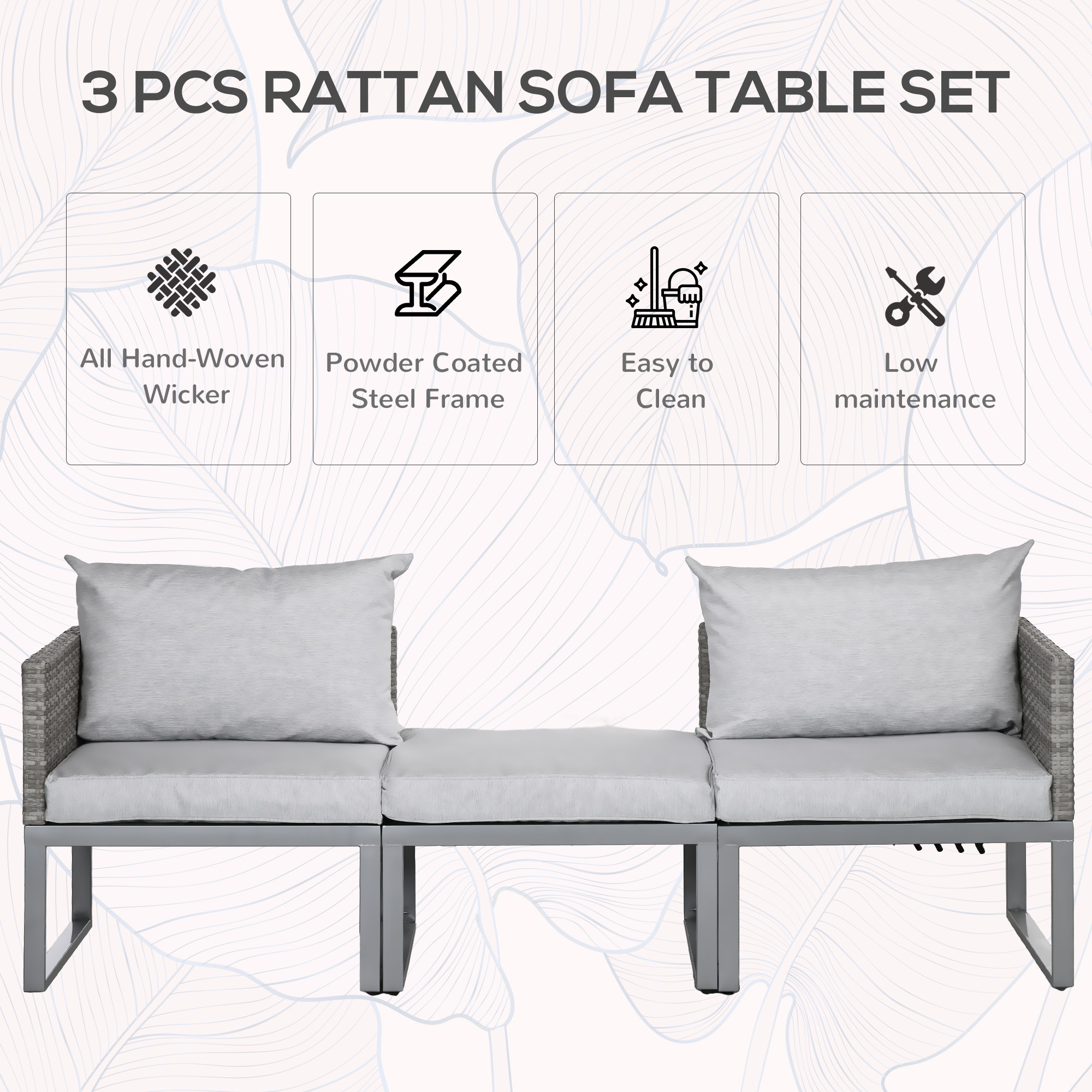 Outsunny 3-in-1 Rattan Bistro Set, Wicker Garden Furniture Set with 2-level Rising Table, Adjustable 3-seater Sofa Lounger with Washable Cushions for Outdoor, Patio, Balcony, Grey 4