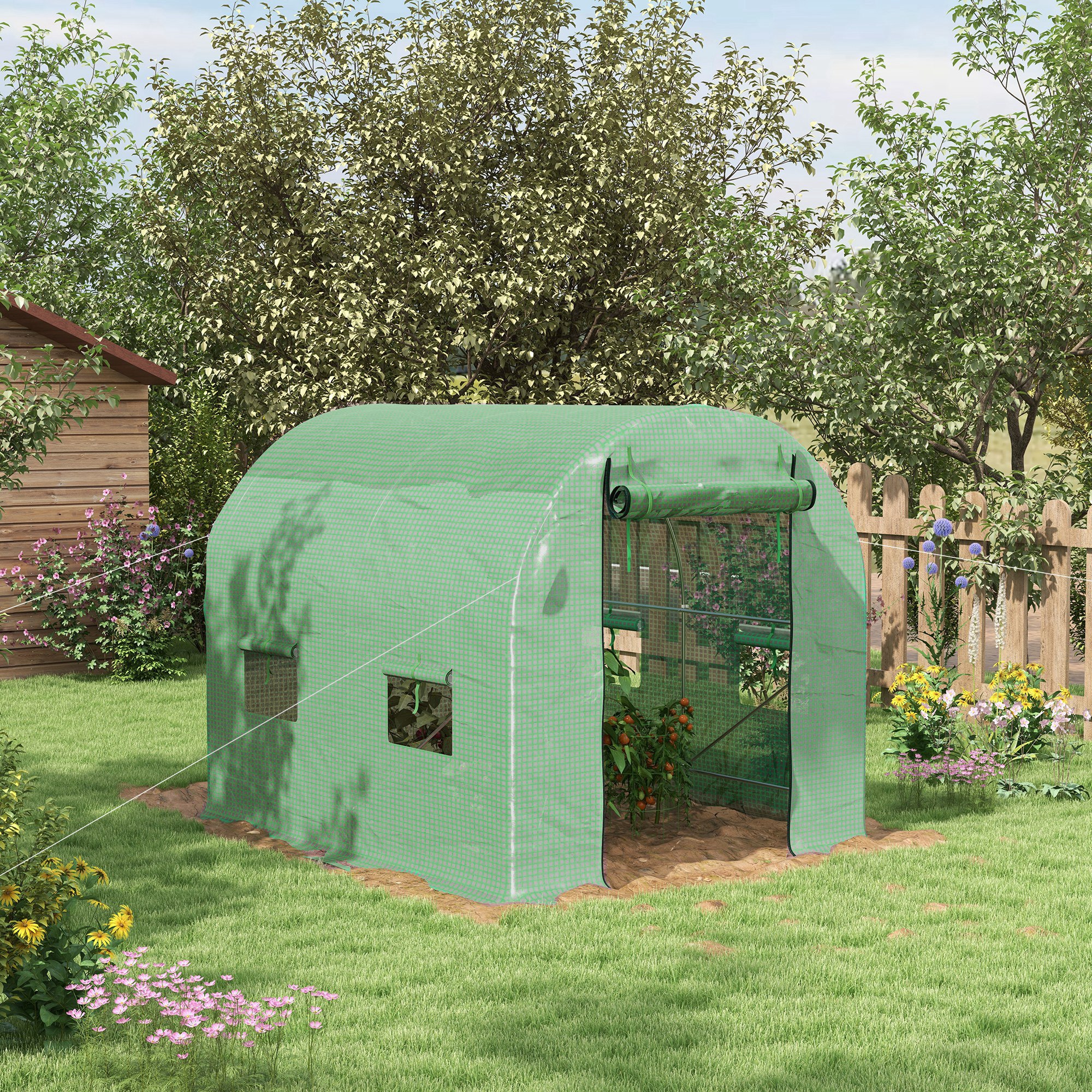 Outsunny Walk-In Garden Polytunnel Greenhouse with Steel Frame, PE Cover, Roll-Up Door and 4 Windows, 2.5 x 2m, Green 2