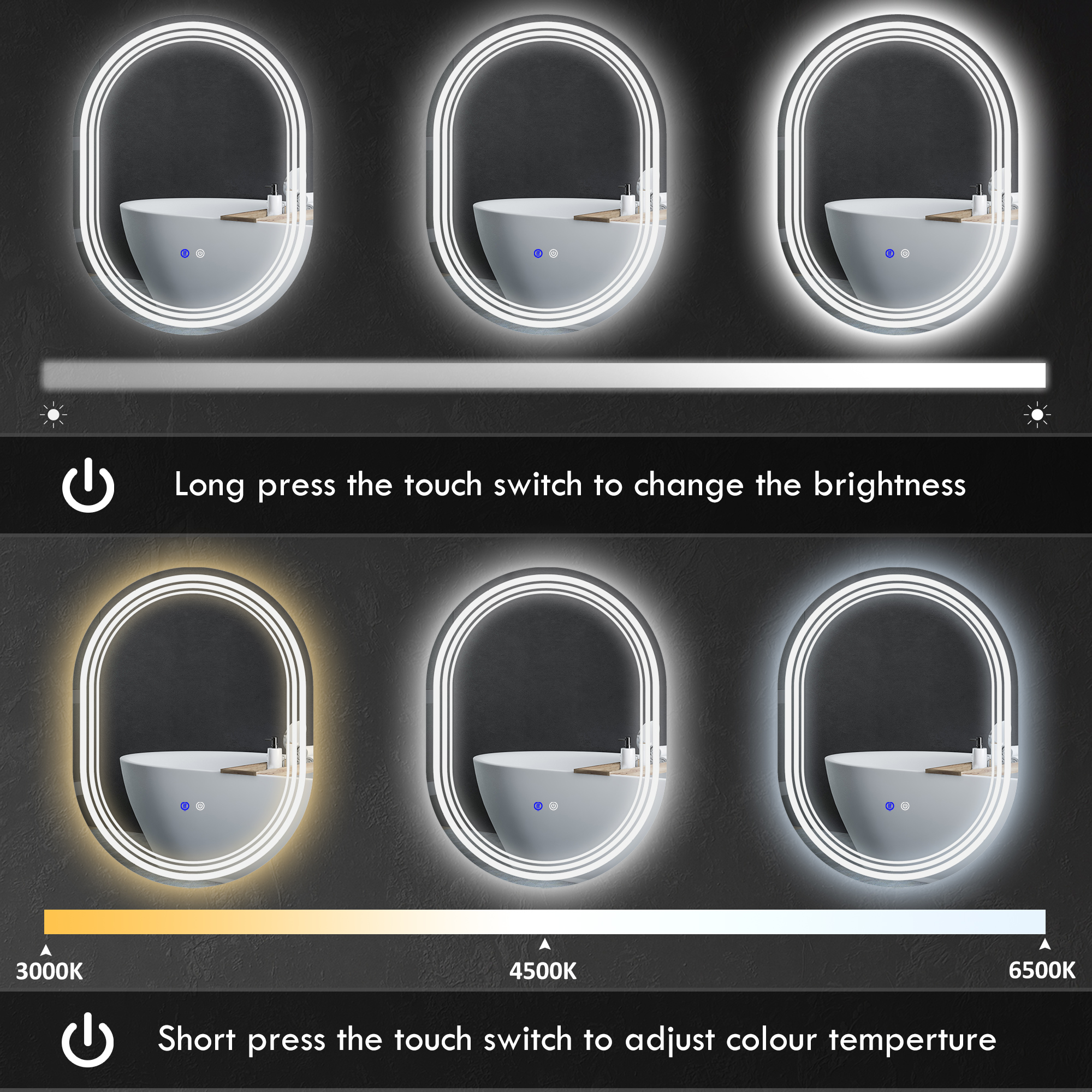 kleankin 700 x 500mm Bathroom Mirror with LED Lights Makeup Mirror with Anti-fog Touch, Switch, Vertical or Horizontal 5