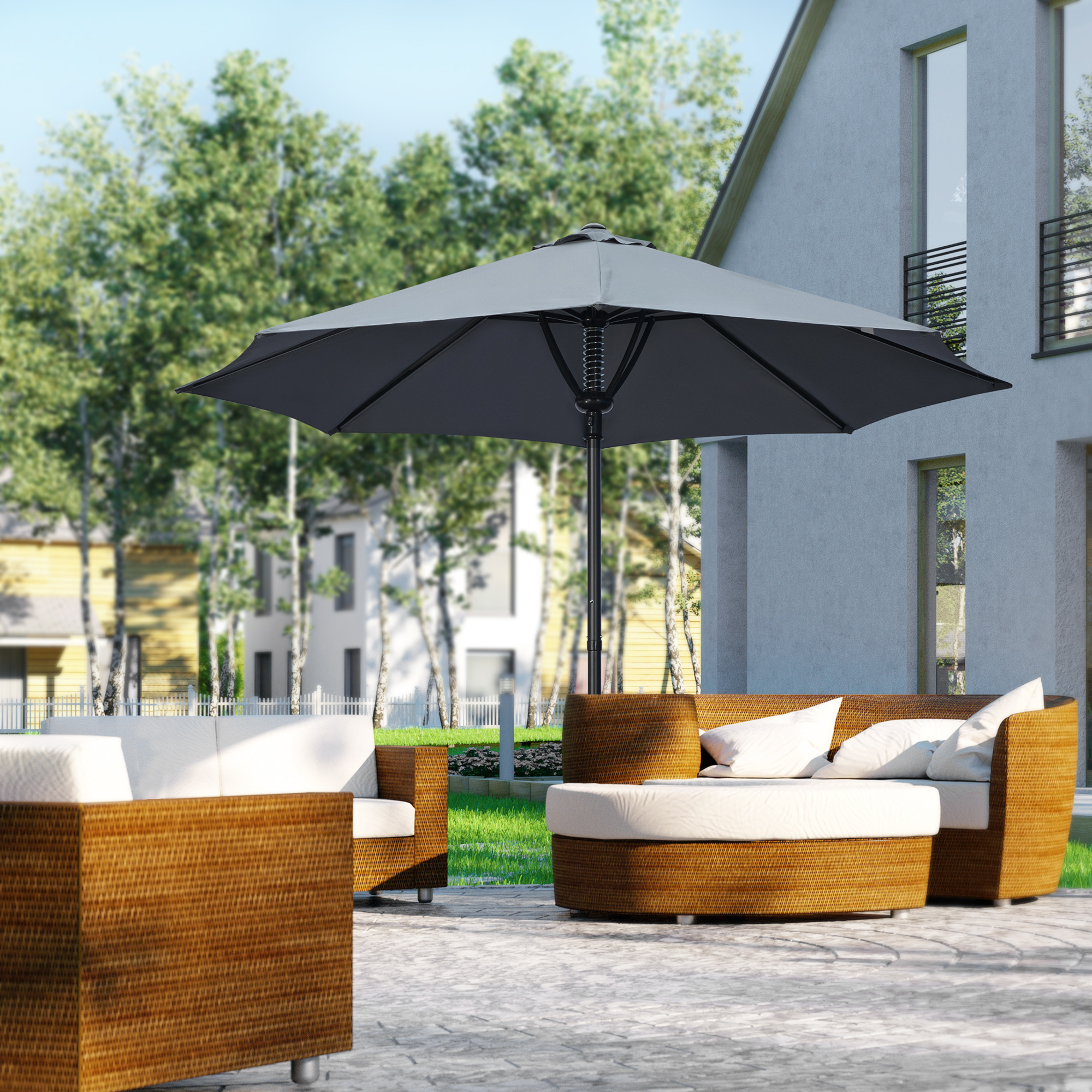 Outsunny Garden 3(m) Parasol Umbrella, Outdoor Market Table Umbrella Sun Shade Canopy with 8 Ribs, Easy Push to Open, Grey 2