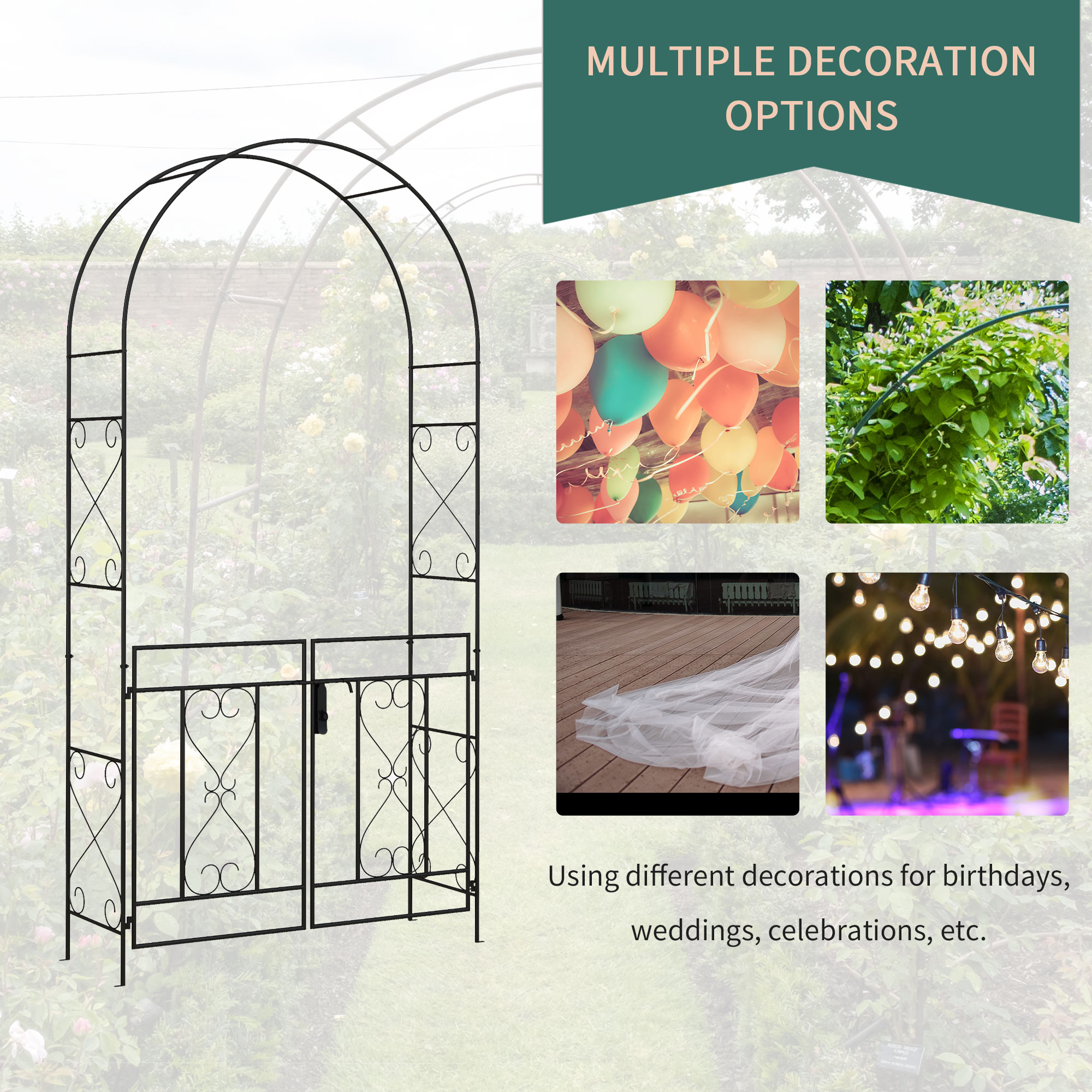 Outsunny Decorative Garden Arch, with Gate Black 6