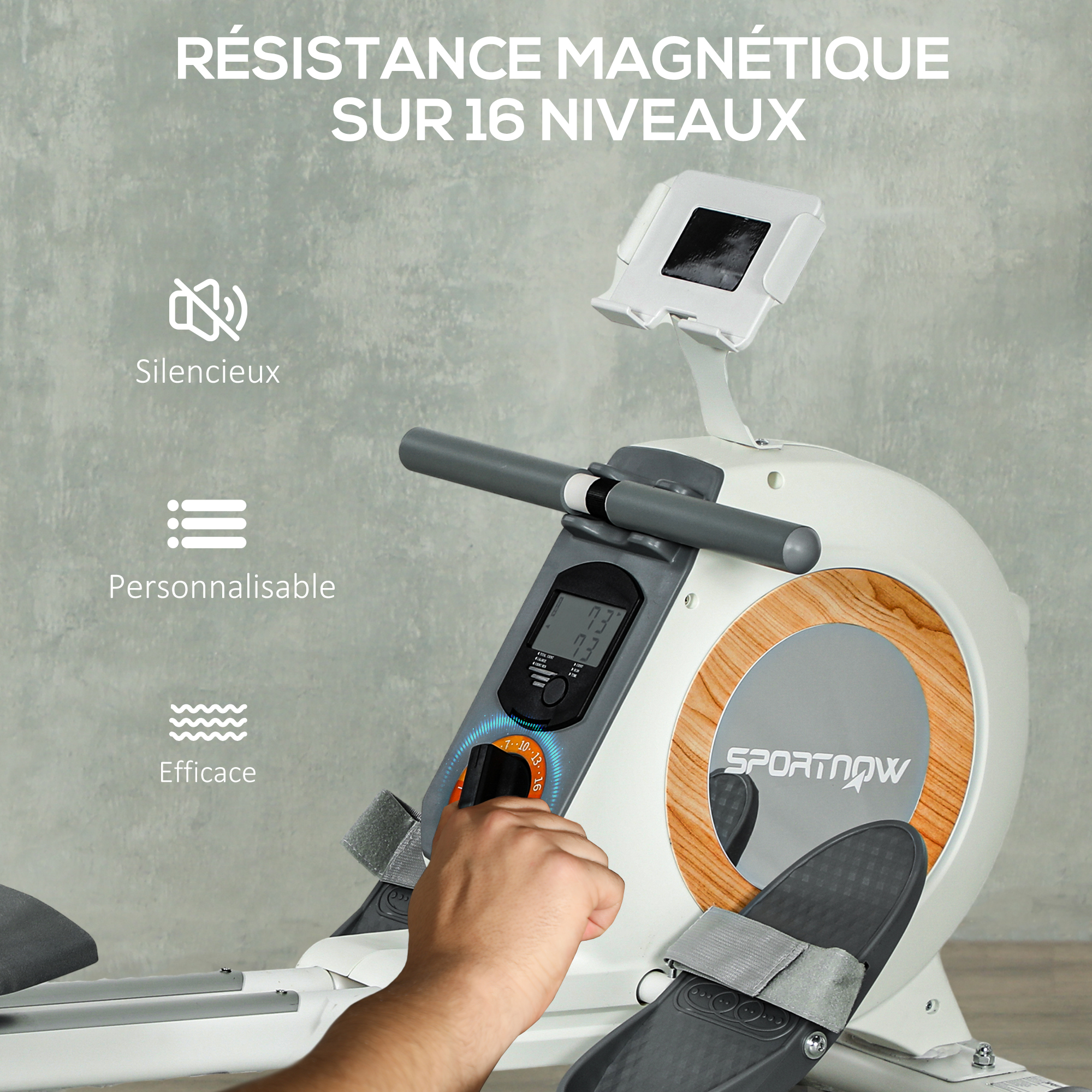 Rameur Magnétique SPORTNOW – 16 Niveaux, Charge 150kg, Support Téléphone, Écran LCD, Rangement Vertical