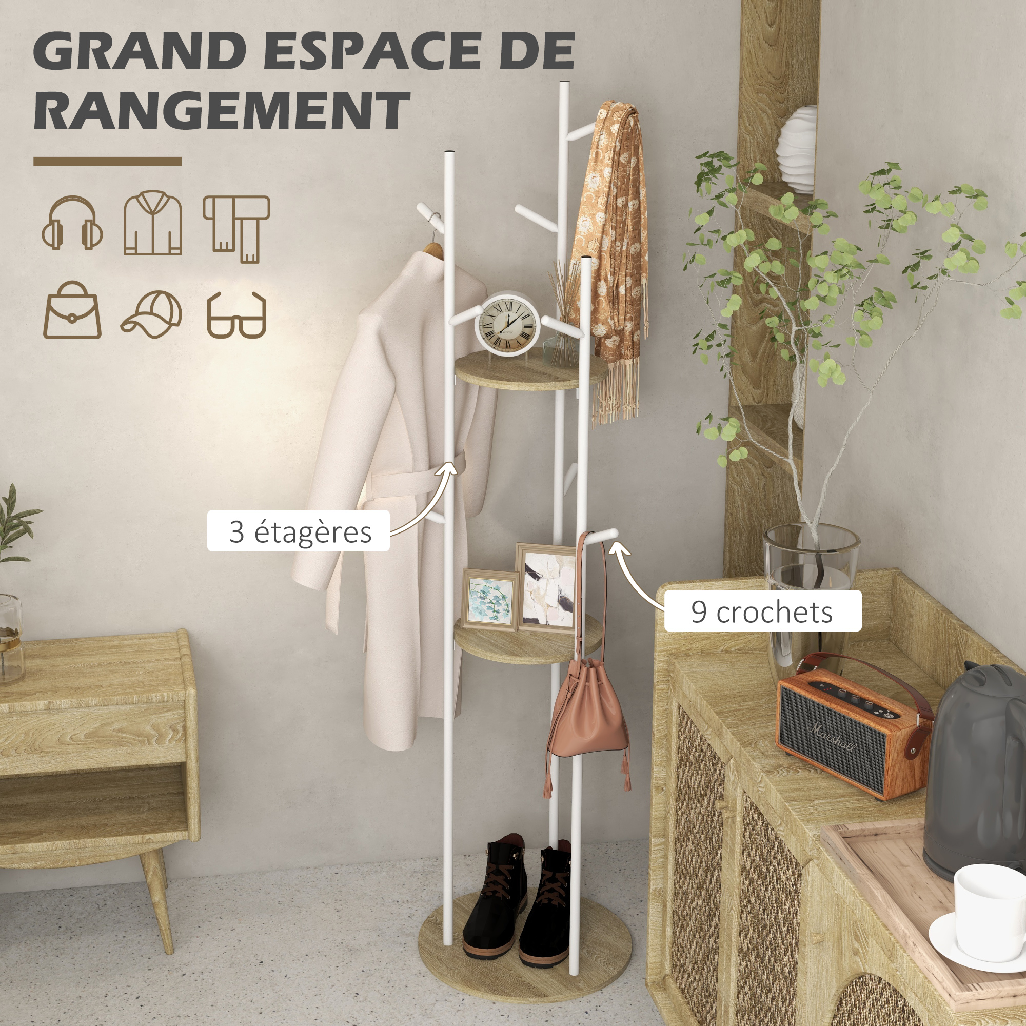 Porte-Manteau Mural HOMCOM Avec Étagère – 2 Crochets, Tringle Alu, Blanc, 40x21,3x130 Cm