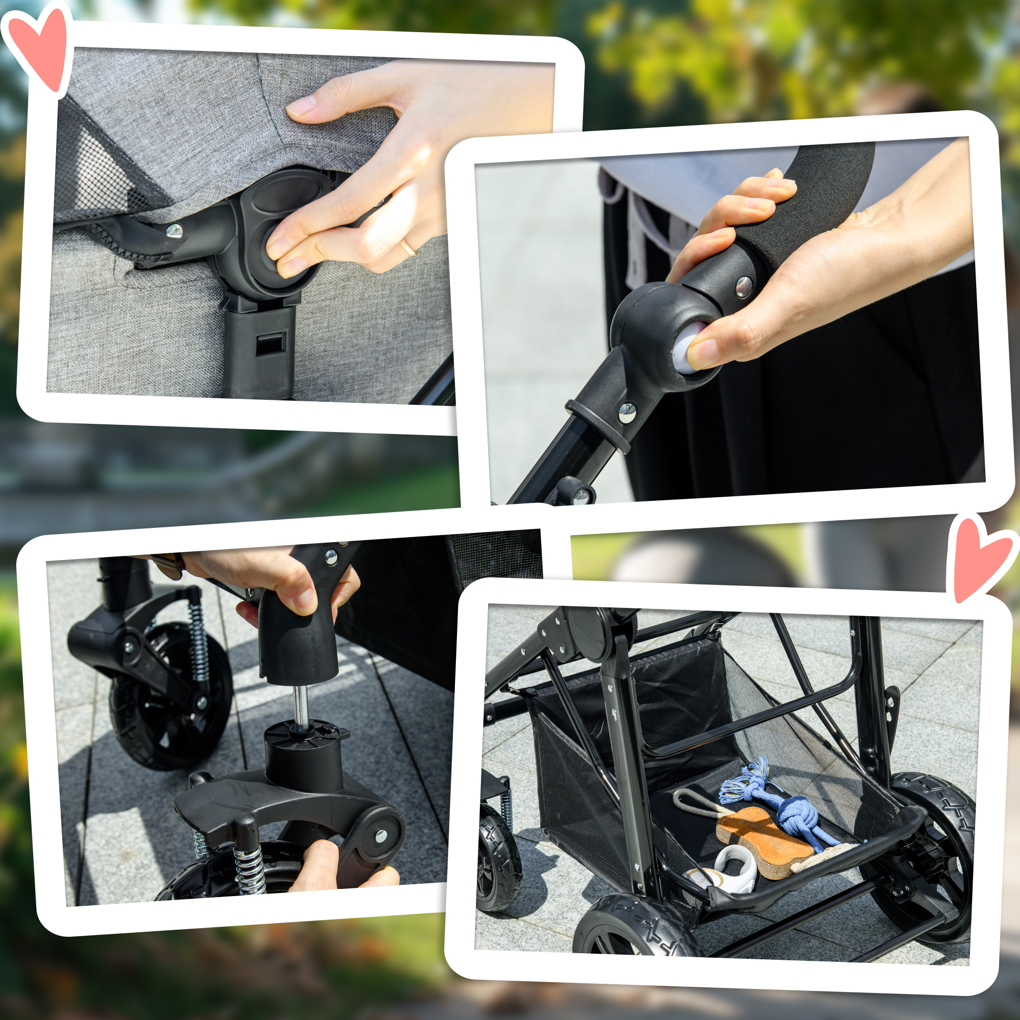 PawHut Dog Pram Pet Stroller for Small Dogs Cats, Foldable Dog Pushchair Trolley with Detachable Pet Carrier Bag, Shock Absorber, Adjustable Handlebar, Grey 8