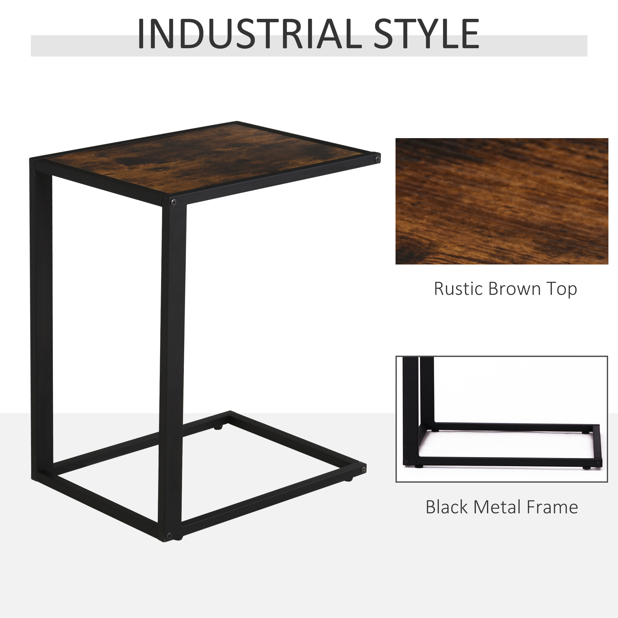 HOMCOM C-Shaped Side Table, Bedside Table with Metal Frame, Accent Sofa Couch Table for Living room, Bedroom, Brown and Black 4