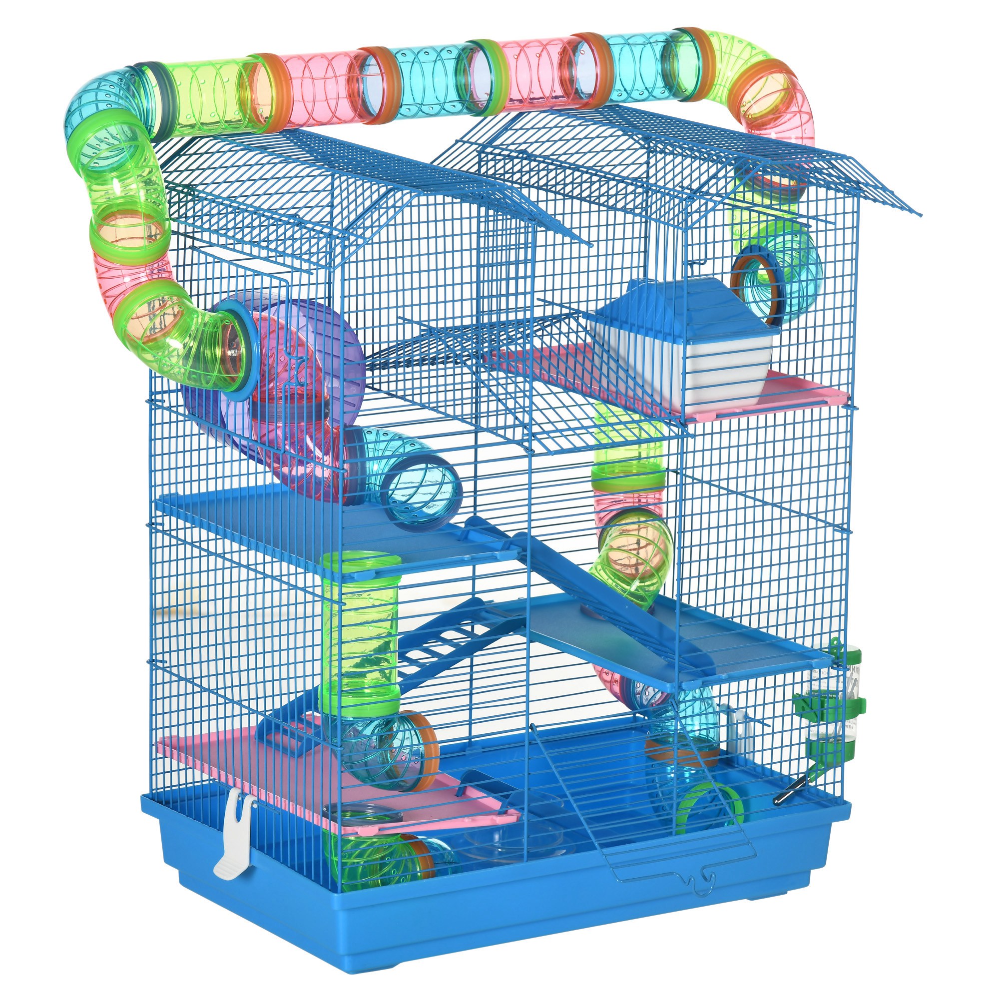 PawHut Hamster Cage, Small Gerbil Cage 2 Tiers Portable w/ Handle, Exercise Wheel, Water Bottle, Dishes