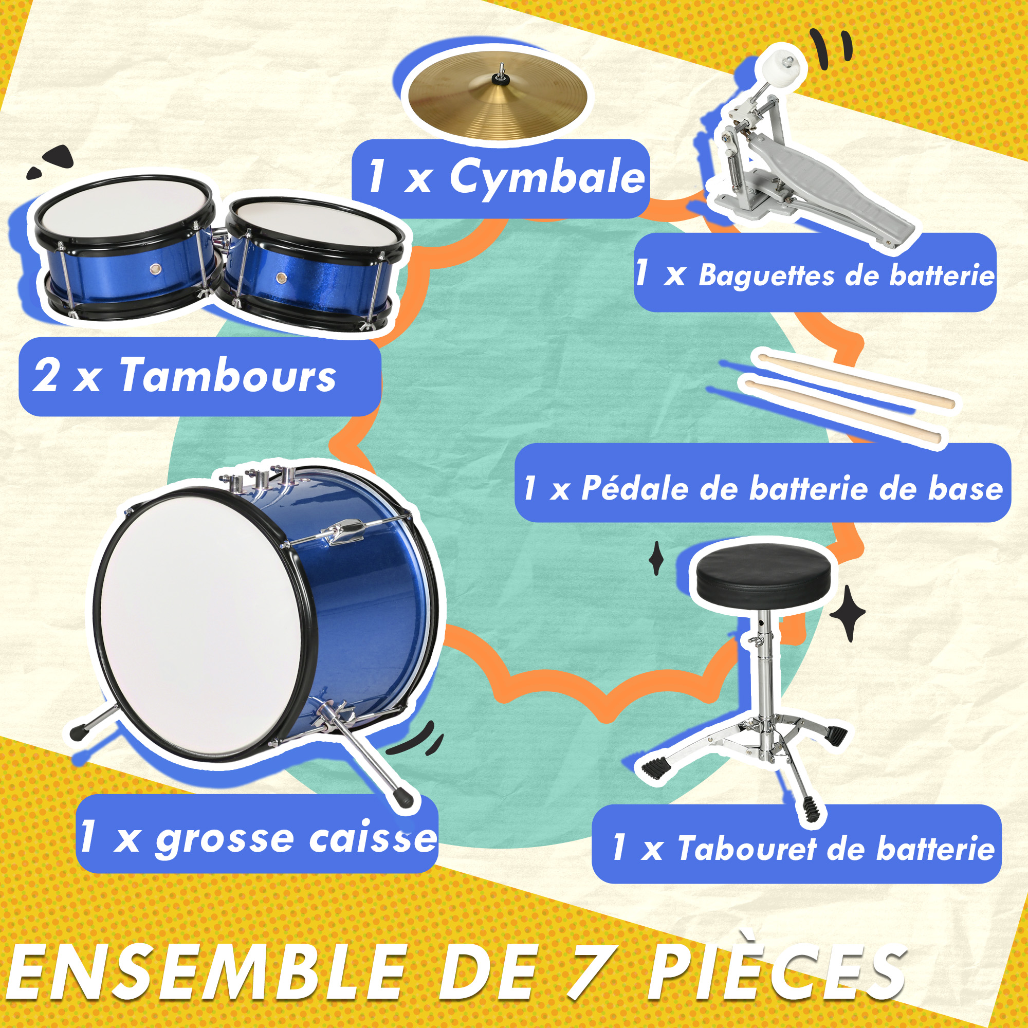 Ensemble de Batterie Pour Enfants,Instrument de Musique avec 2 Baguettes de Batterie, Lumière Flash Beats et Microphone Réglable - Instruments de musique