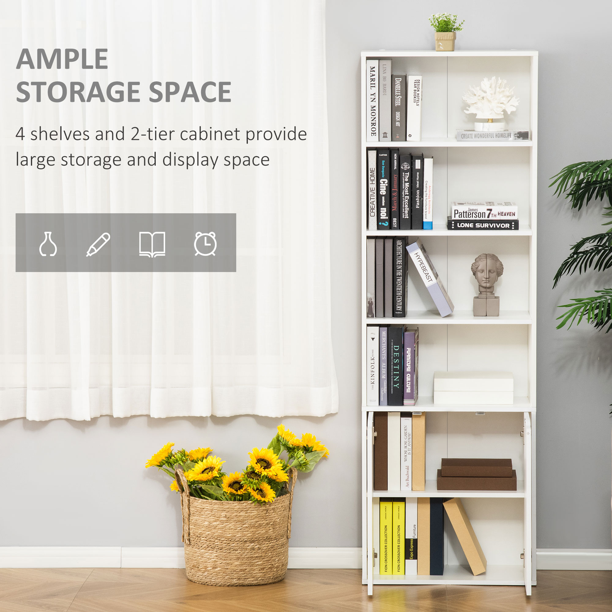 HOMCOM 6-Tier Tall Bookcase, Bookshelf with 4 Open Shelves and Double Door Storage Cabinet, Freestanding Display Rack for Living Room, Bedroom, Home Office, Study, 59 x 29 x 180cm, White 4