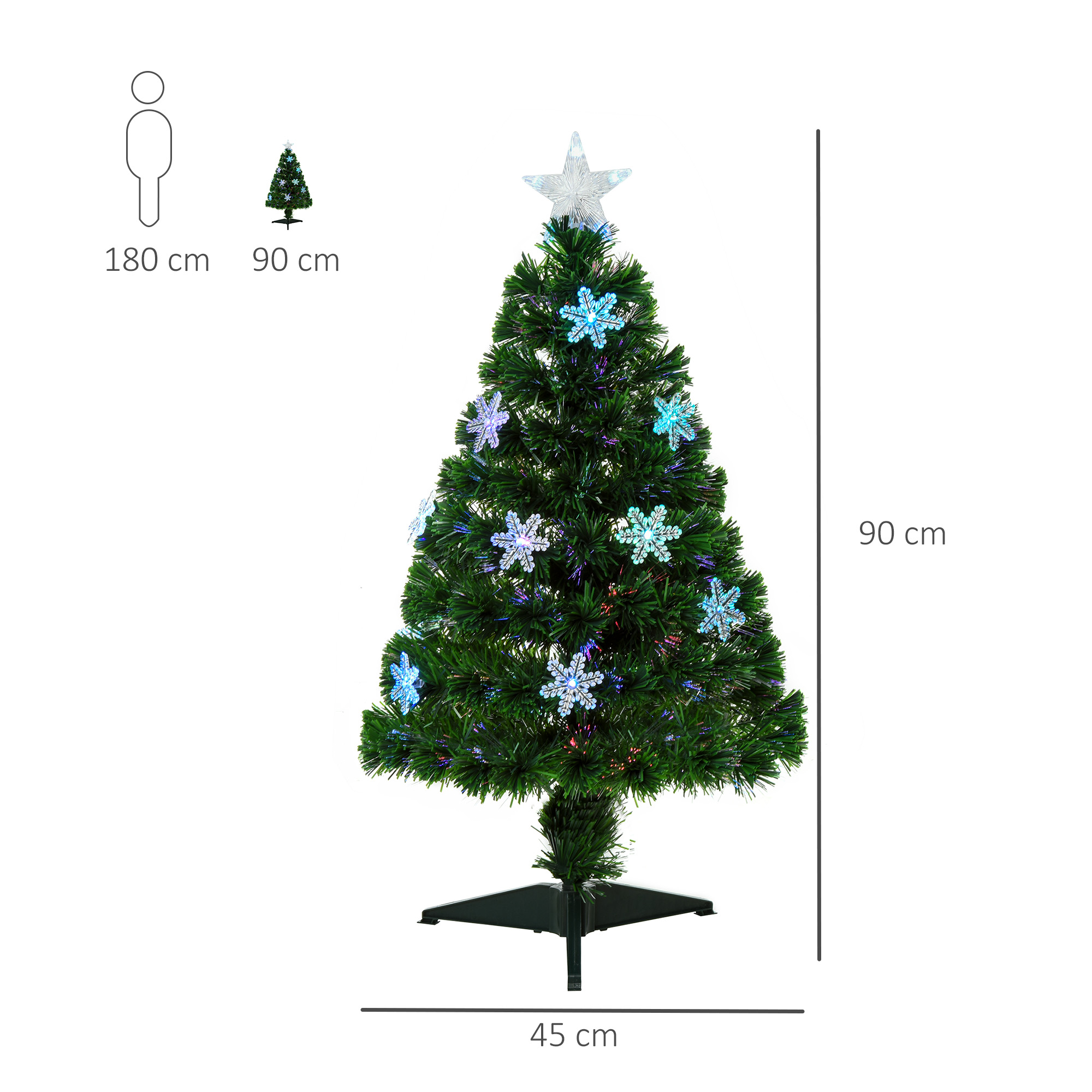 HOMCOM 3FT Green Fibre Optic Artificial Christmas Tree Xmas Colourful LED Scattered Tree with Snowflakes Ornaments Fireproofing 3