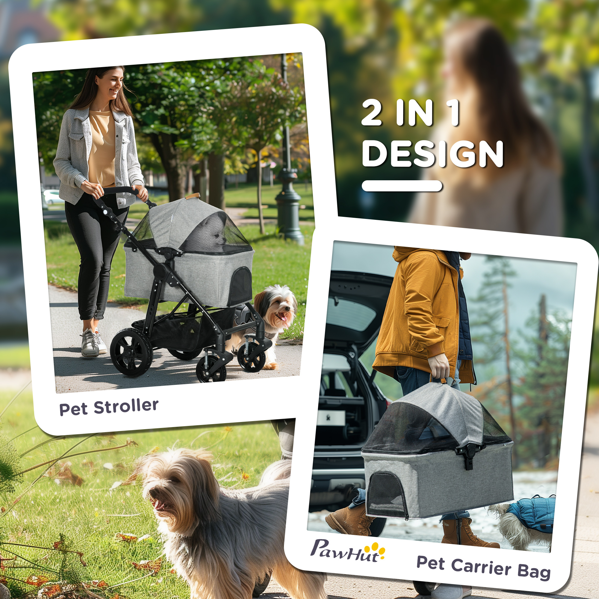 PawHut Dog Pram Pet Stroller for Small Dogs Cats, Foldable Dog Pushchair Trolley with Detachable Pet Carrier Bag, Shock Absorber, Adjustable Handlebar, Grey 5