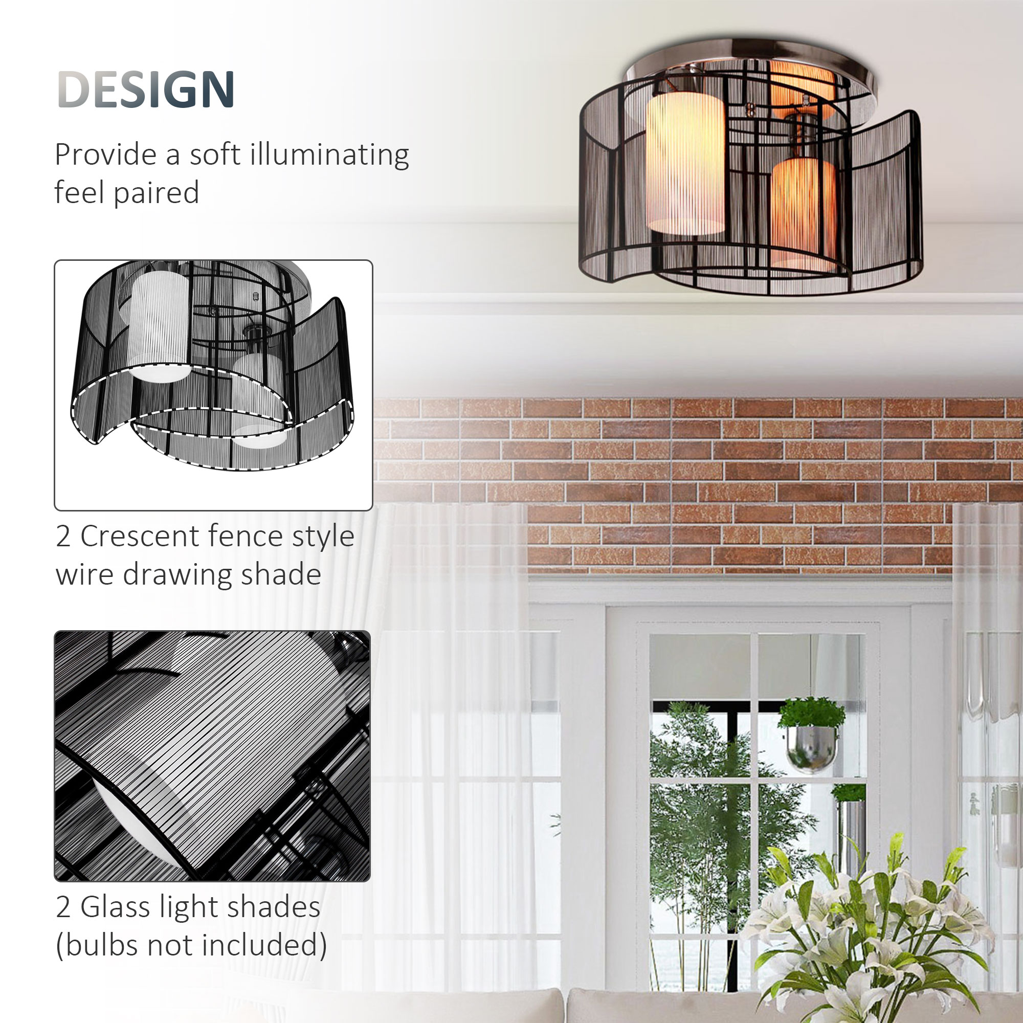 HOMCOM Modern Chandelier, Semi-Flush Mount Ceiling Light with 2 Light, E27 Bulb Base for Hallway, Dining Room, Living Room, White and Black 5