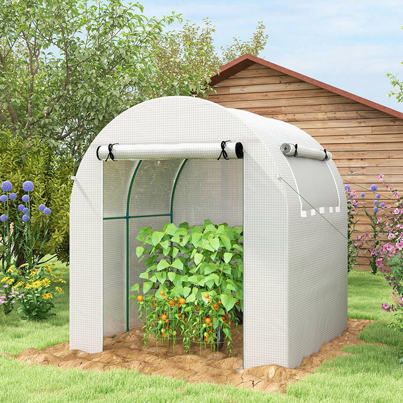 Outsunny Walk in Polytunnel Greenhouse, Green House for Garden with Roll-up Window and Door, 1.8 x 1.8 x 2 m, White 2