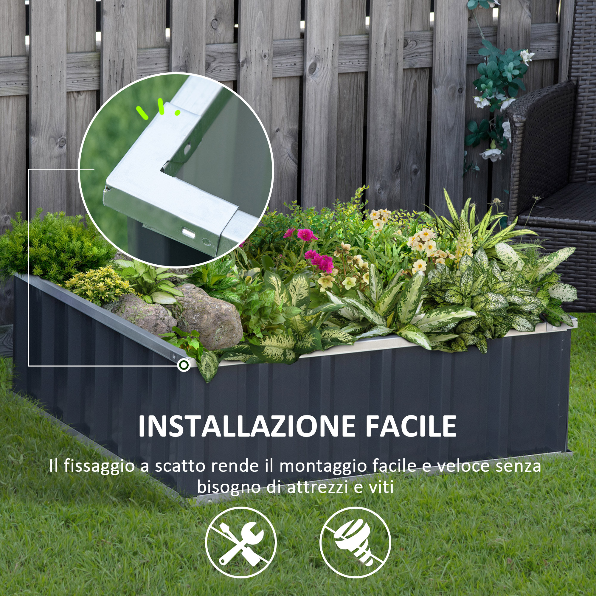 Letto Rialzato Per Orto In Metallo - 241x90.5x30 Cm, Verde - Per Fiori, Erbe Aromatiche E Ortaggi - Foto 9