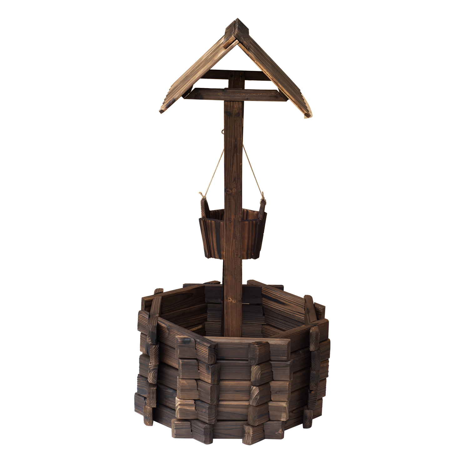 Outsunny Wooden Wishing Well Planter Outdoor Flower Pot Backyard Garden Decor w/ Bucket 7