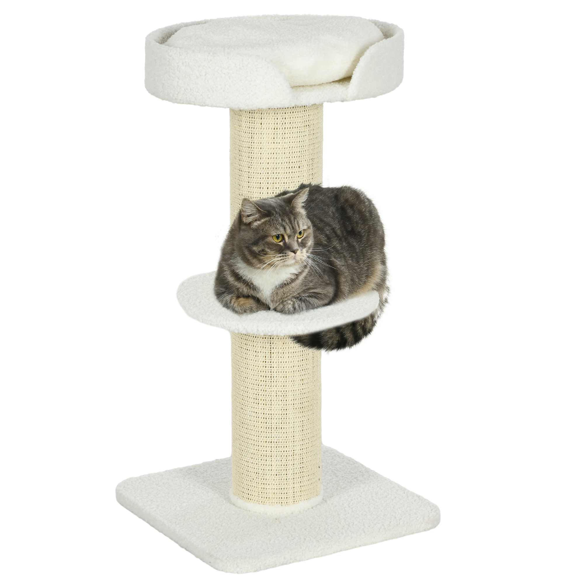 PawHut 2 Tier Sisal Sherpa Cat Tree with Basket Cushion Sisal Post Cream White Aosom UK