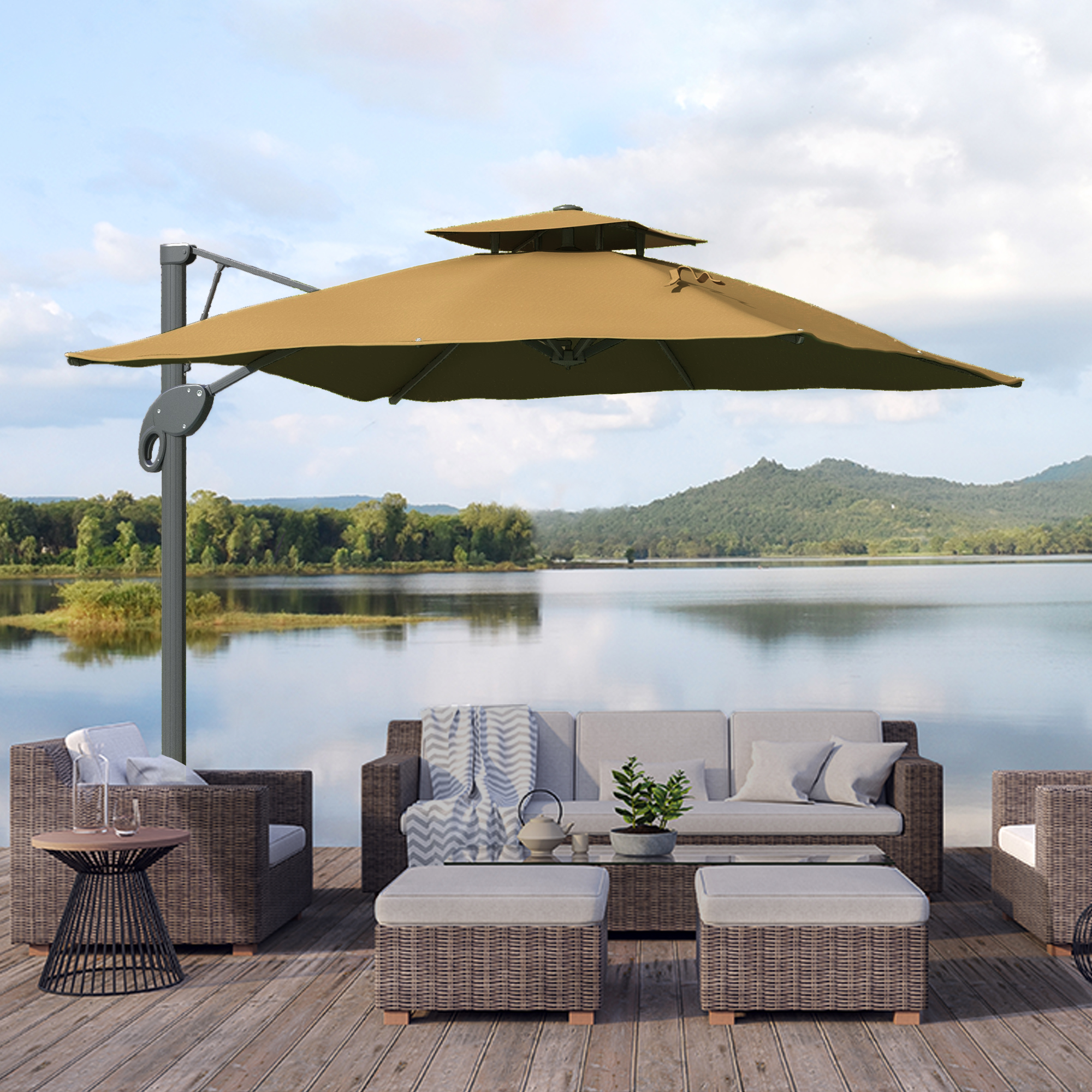 Outsunny Garden Parasol, 3(m) Cantilever Parasol with Hydraulic Mechanism, Dual Vented Top, 8 Ribs, Cross Base, Khaki 2