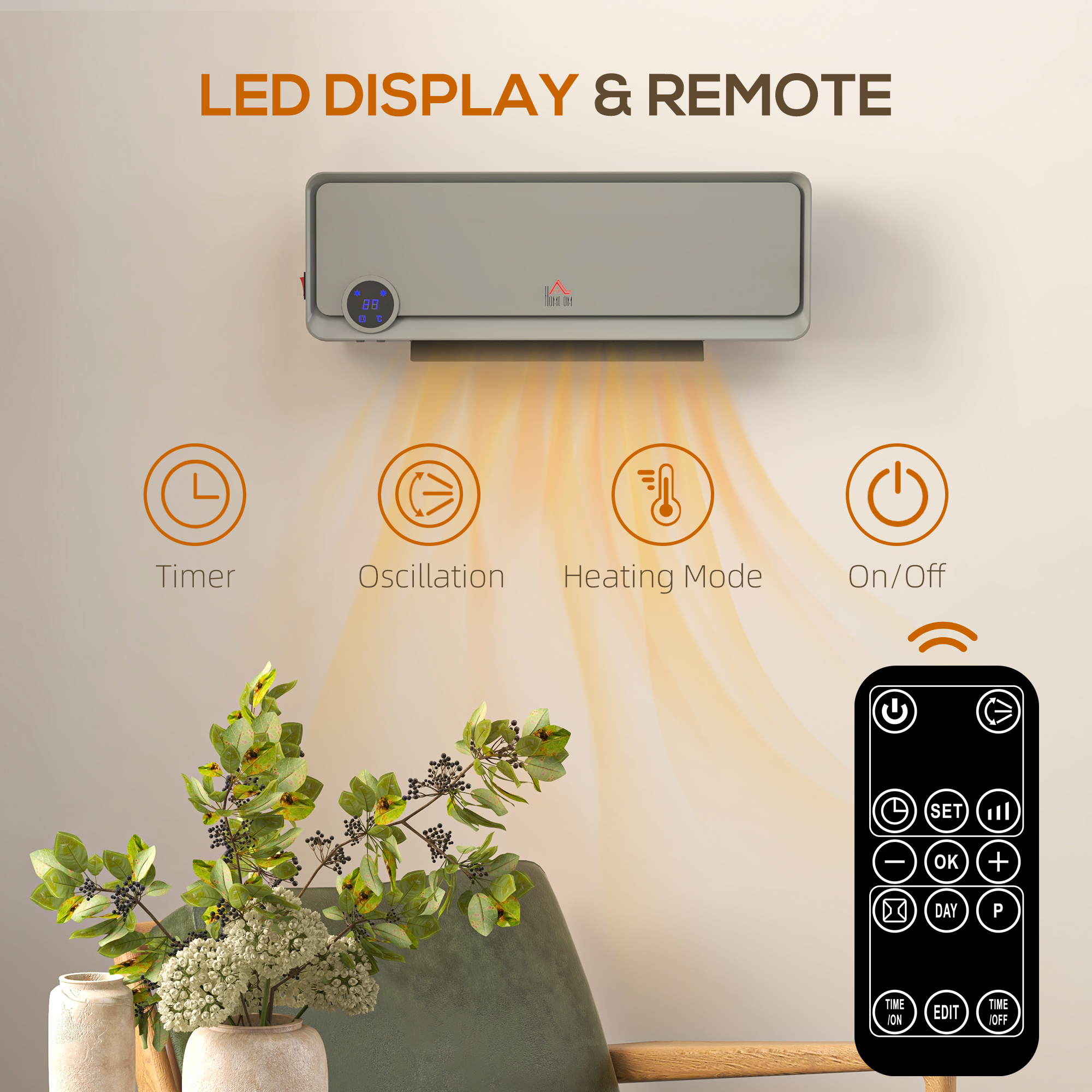 HOMCOM Wall Downflow Heater 2 Heat and Fan 1000W/2000W, Electric Space Heater with Timer Remote Oscillating, for Bedroom Home Office, Grey 5