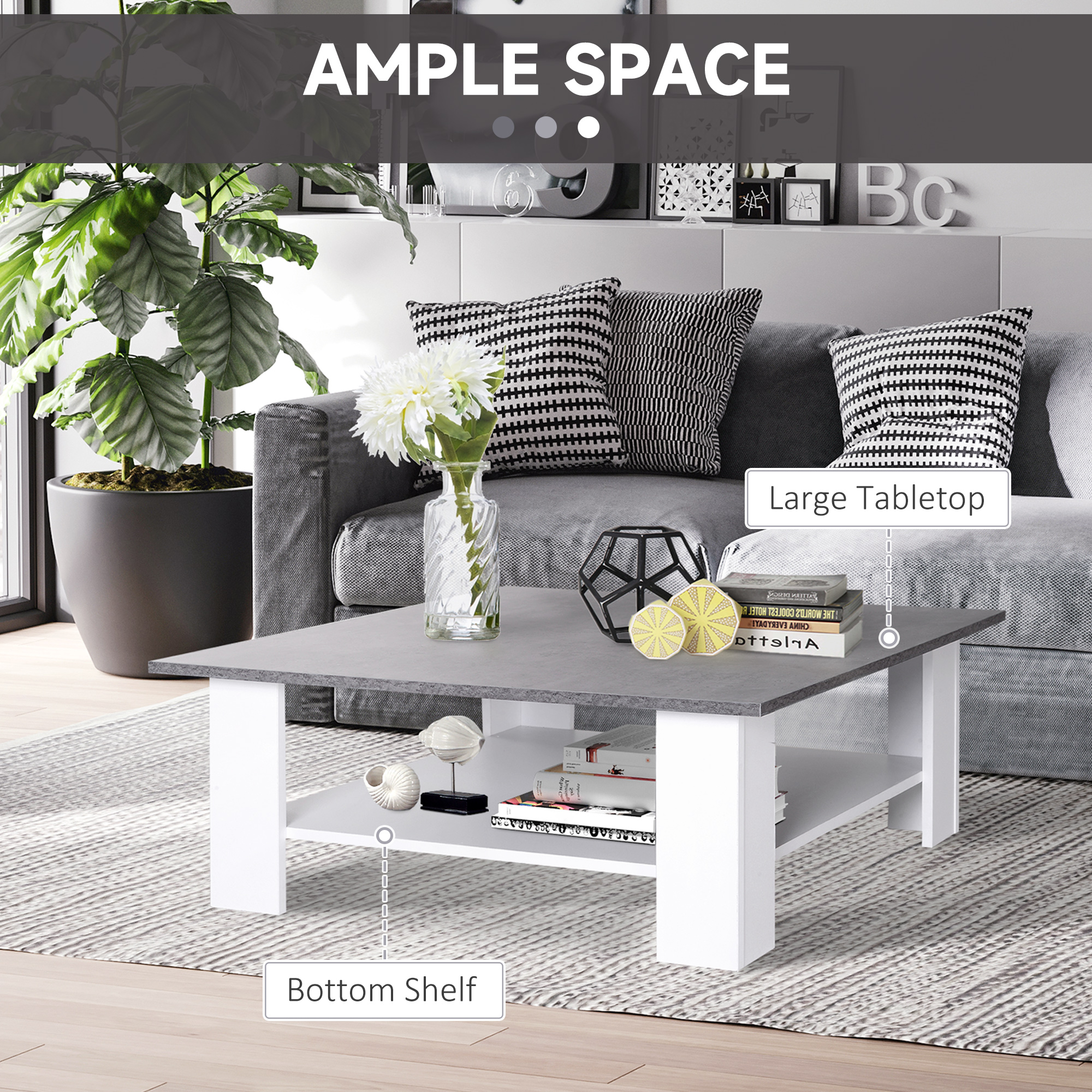HOMCOM Square Coffee Table, Wooden Coffee Table with Storage, Cocktail Center Tea Table for Home Office, 80W x 80D x 31.5Hcm, Grey and White 7